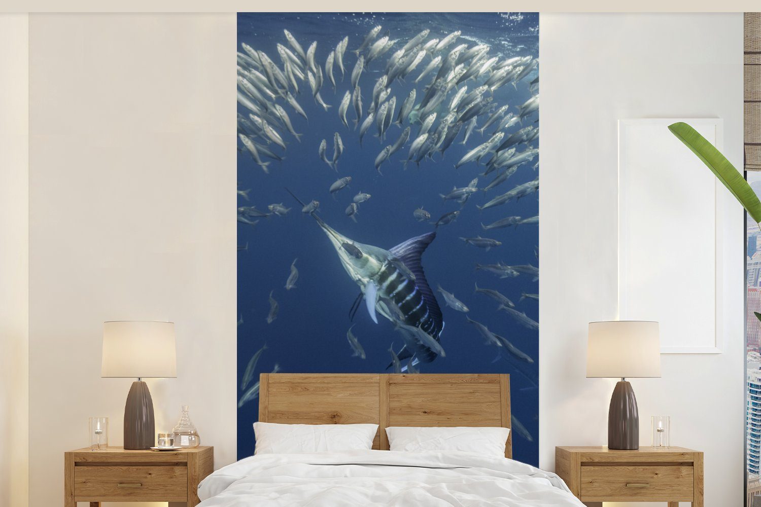 MuchoWow Fototapete Fisch - Schwertfisch - Wasser, Matt, bedruckt, (2 St), Vliestapete für Wohnzimmer Schlafzimmer Küche, Fototapete