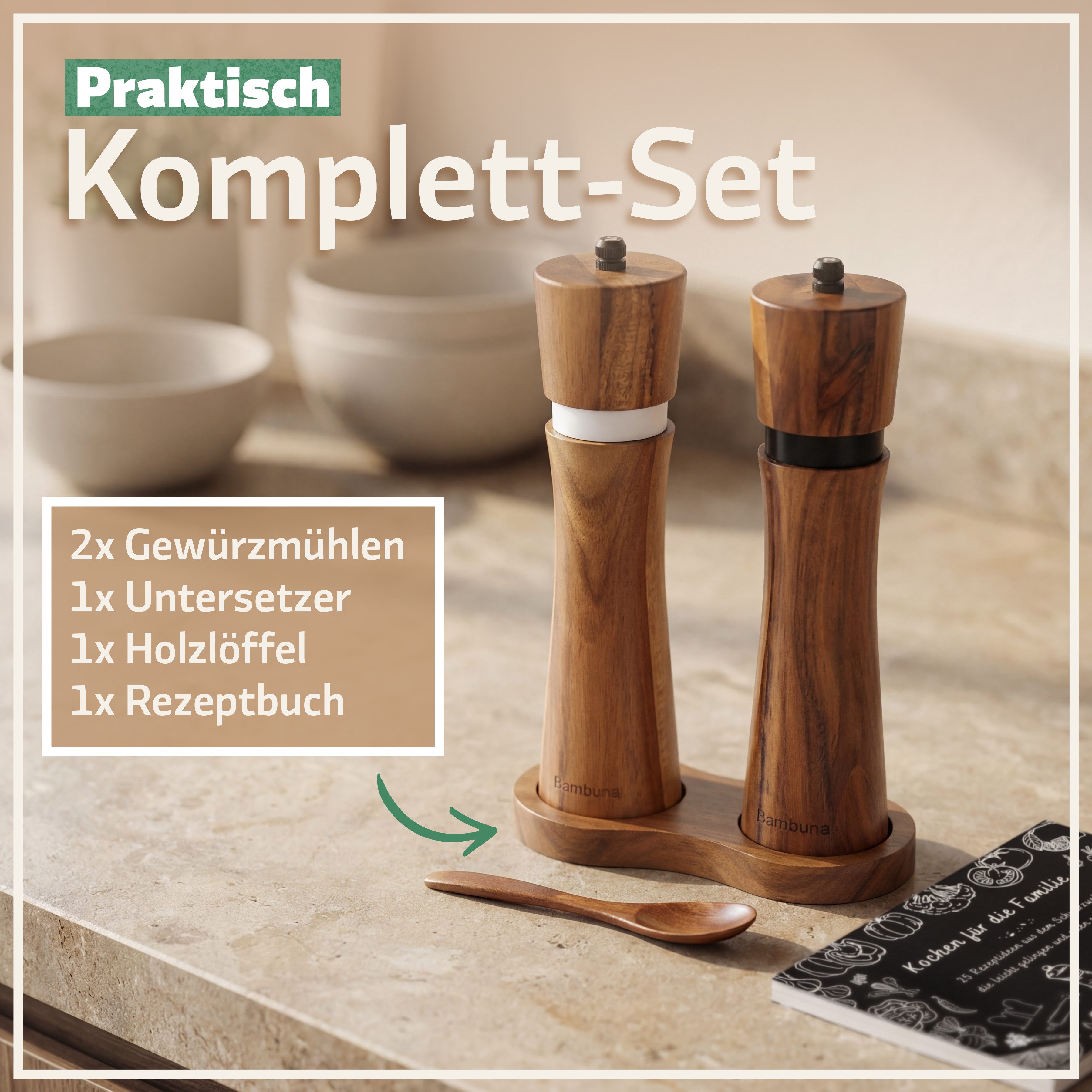 Bambuna Salz-/Pfeffermühle Pfeffermühlen Set aus Holz, Große Gewürzmühlen (22cm) aus Akazienholz manuell, Precision+ Keramikmahlwerk, hochwertige Geschenk- Box  – Bild 4 von 5