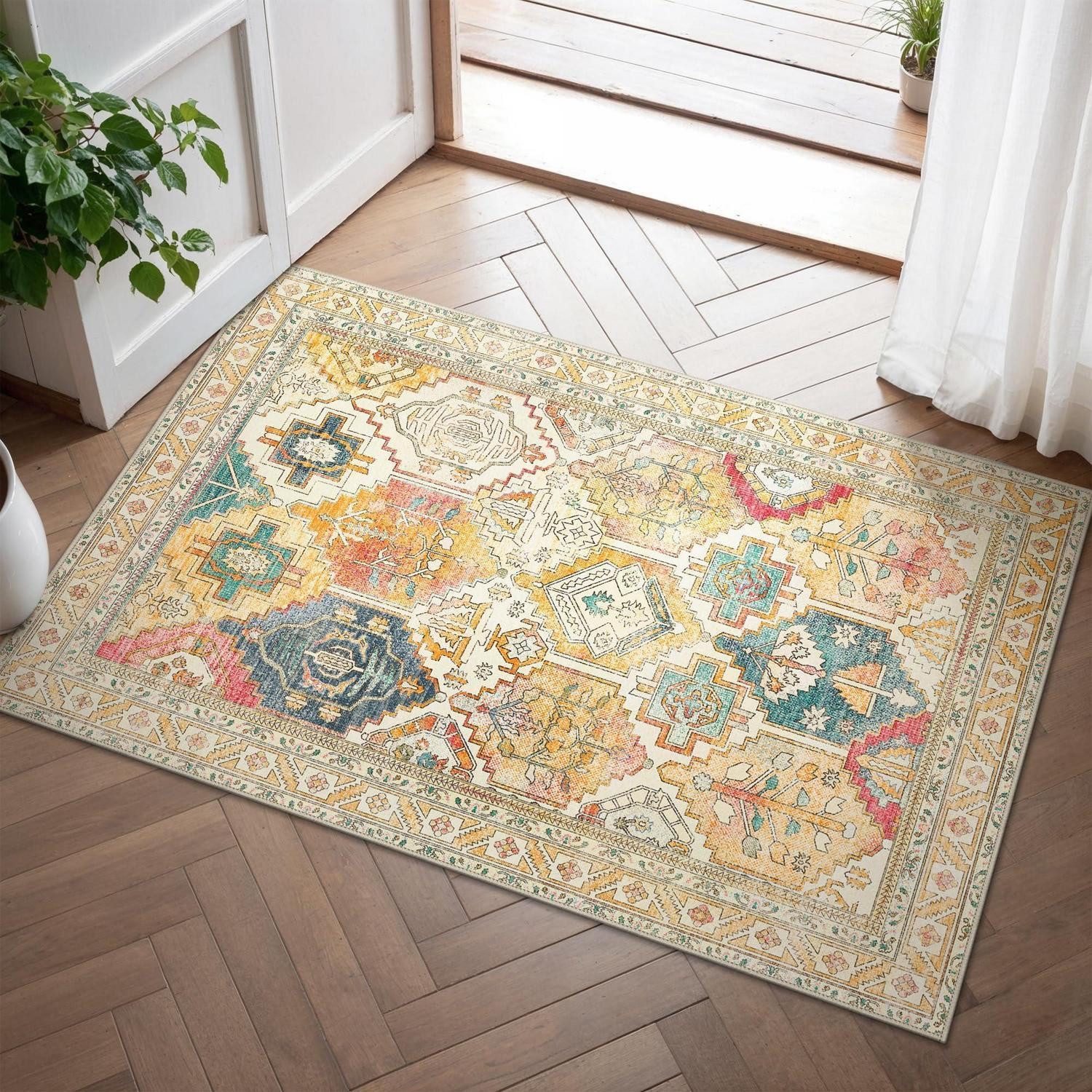 LuxusKollektion Fußmatte Fußmatte 60x90cm Vintage Gelb Orange Waschbar, rechteckig, Höhe: 5 mm