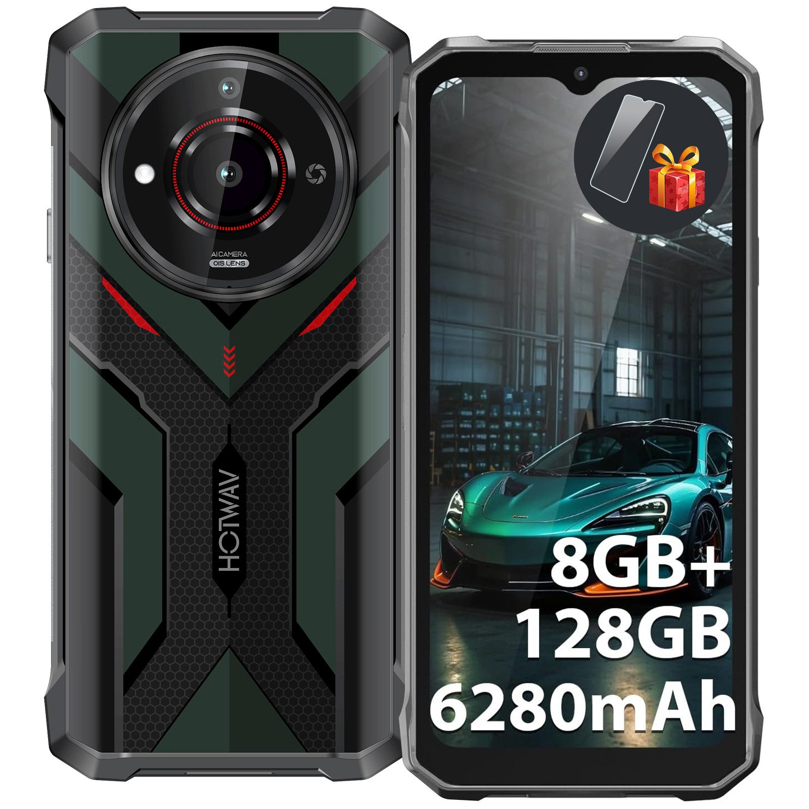 HOTWAV Outdoor Smartphone T7S incl. Smartwatch, Outdoor Handy, 8GB+128GB(2TB) Smartphone (21 MP Kamera, Ohne Vertrag Günstige, Dual SIM 4G LET, OTG/Face ID/GPS/IP68/ IP69K)