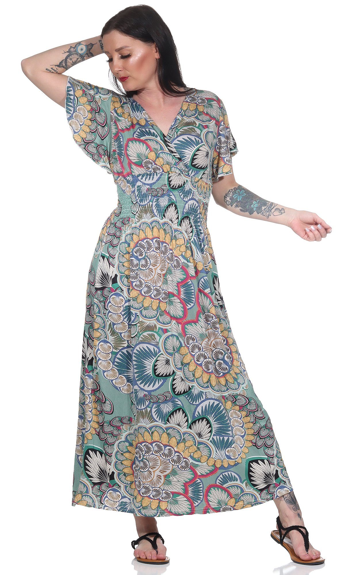 Aurela Damenmode Sommerkleid Luftige Damen Maxikleider leichte Strandkleider  mit modischem Muster, Raffung in der Taille, Gesamtlänge: 124 - 126cm