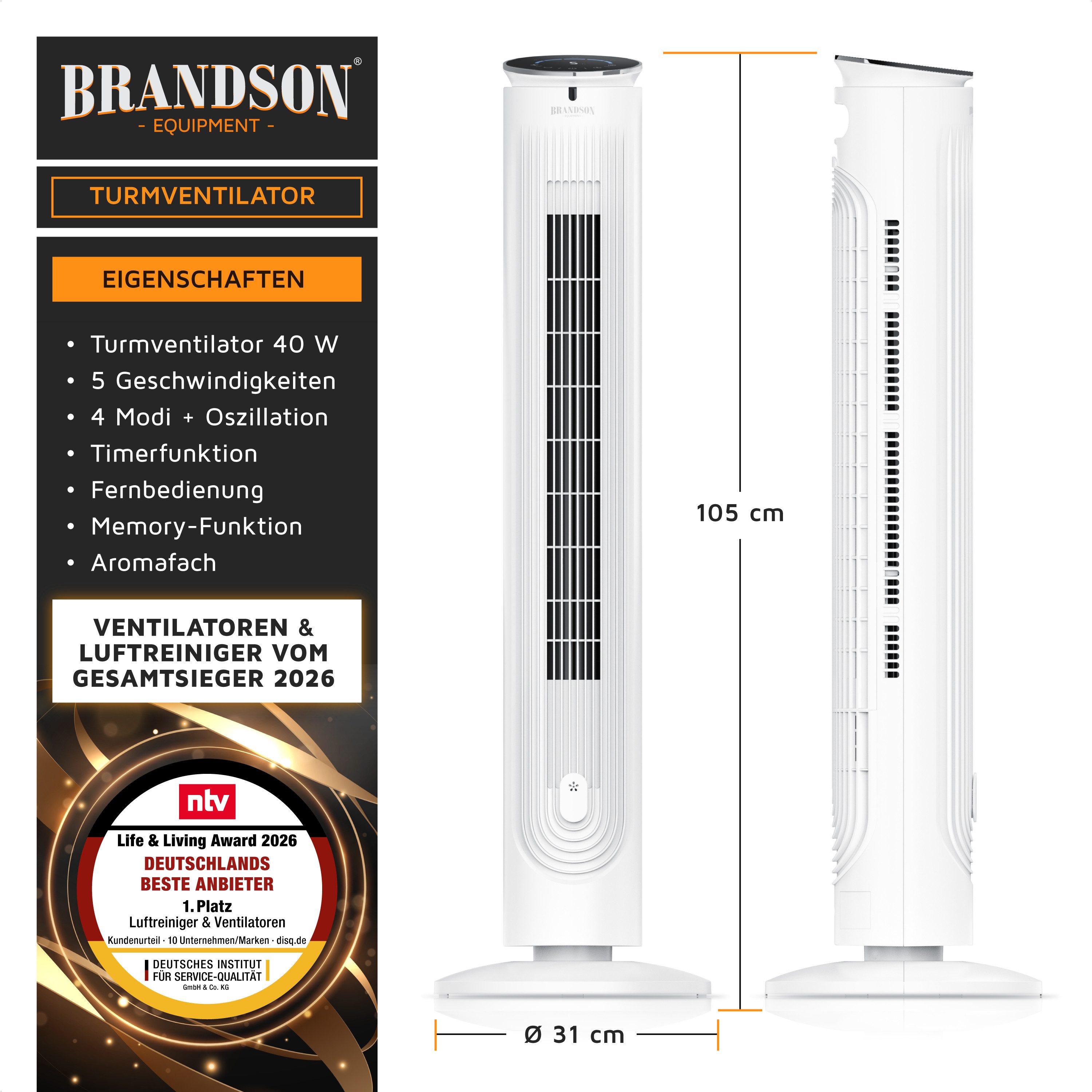 Brandson Turmventilator mit Fernbedienung, NTV Sieger 2026, Oszillation, Timer, 40 Watt, dank Aromafach als Diffusor verwendbar, leise, 3 Modi, Standventilator