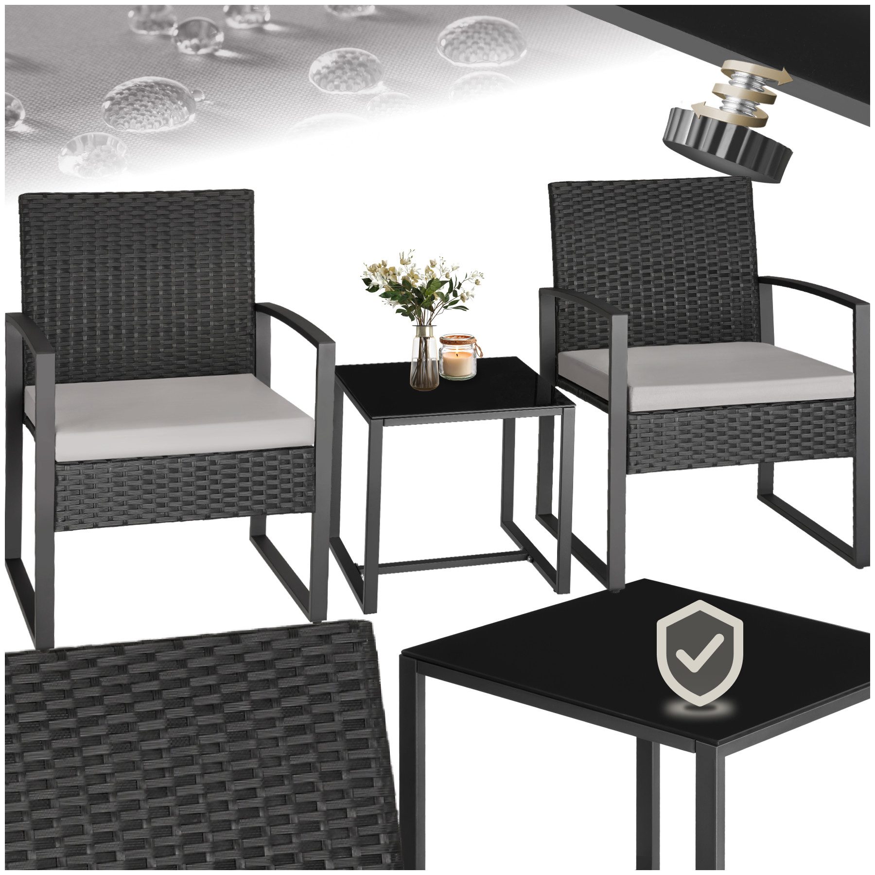 tectake Sitzgruppe gemütliche rattan lounge für zwei personen, (Rattan Lounge Granada, 3-tlg., in hellgrau/schwarz), UV-beständiges Polyrattan mit abnehmbaren Bezügen