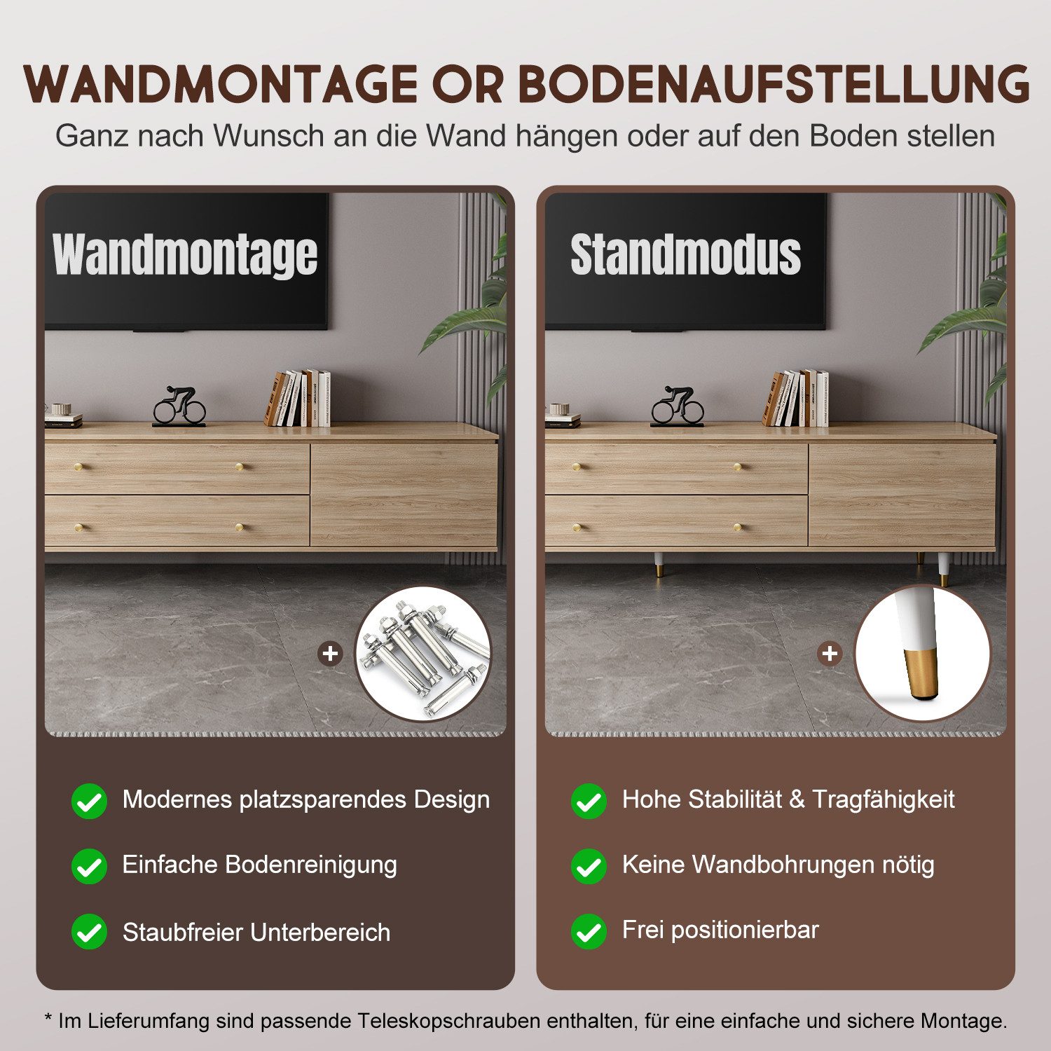 Lexzurn TV-Schrank Hängender TV-Schrank,175cm,Lowboard,Fernsehschrank (TV-Lowboard,TV-Möbel,Erfüllt den Umweltstandard E1,Gesamtabmessungen: 175*50*33cm,Schließ – Bild 2 von 5