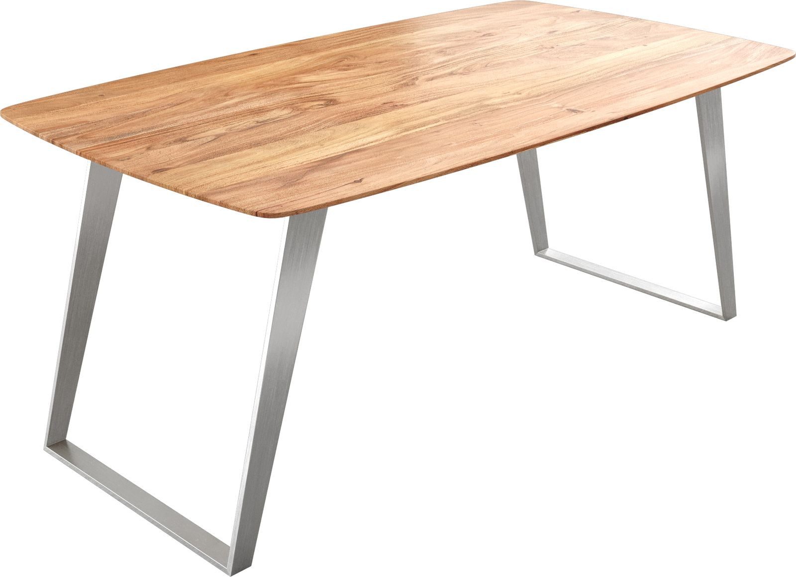 DELIFE Esstisch Edge, Boot Akazie Natur 180x90 Edelstahl Schräg Schweizer Kante