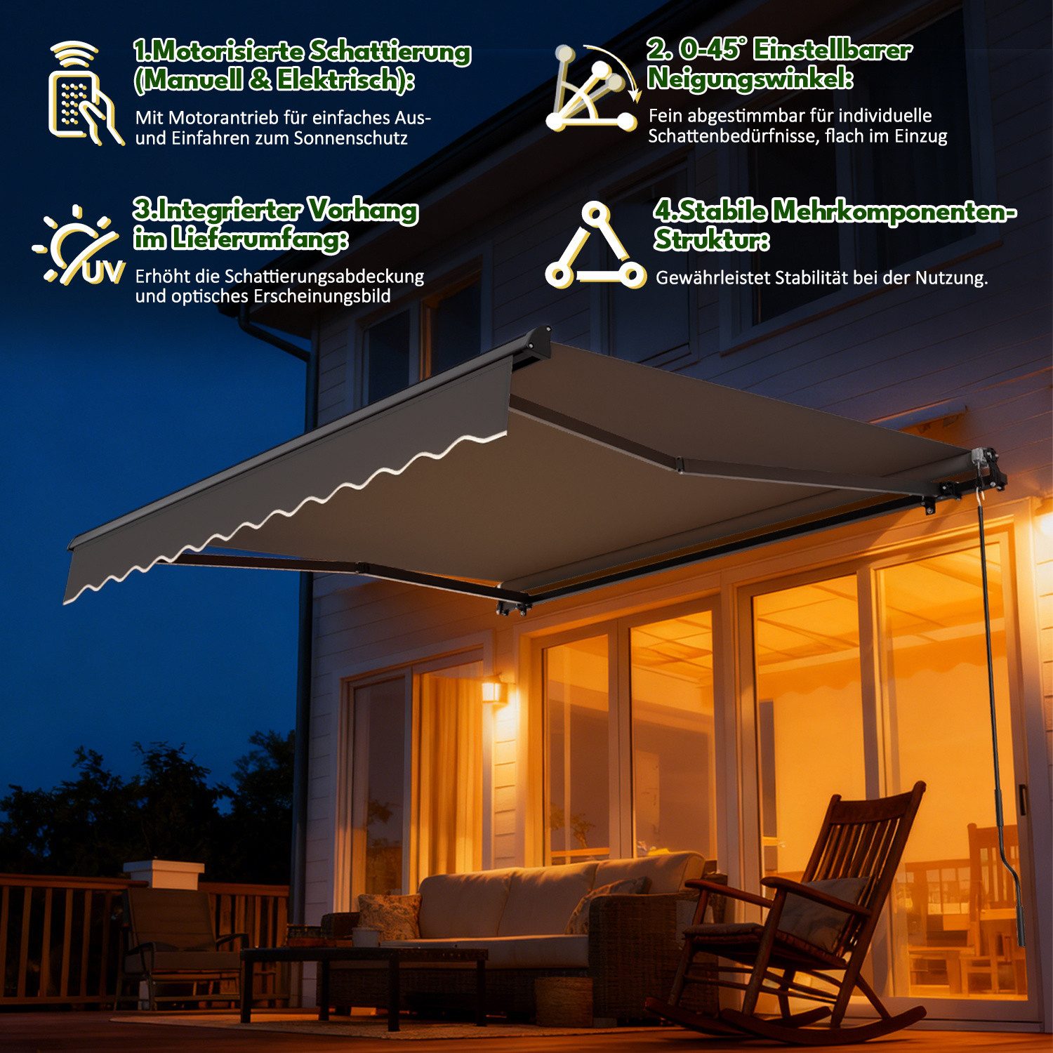 Clanmacy Kassettenmarkise Markise Elektrisch mit Fernbedienung Handkurbel Polyester Grau 2,5x2 m