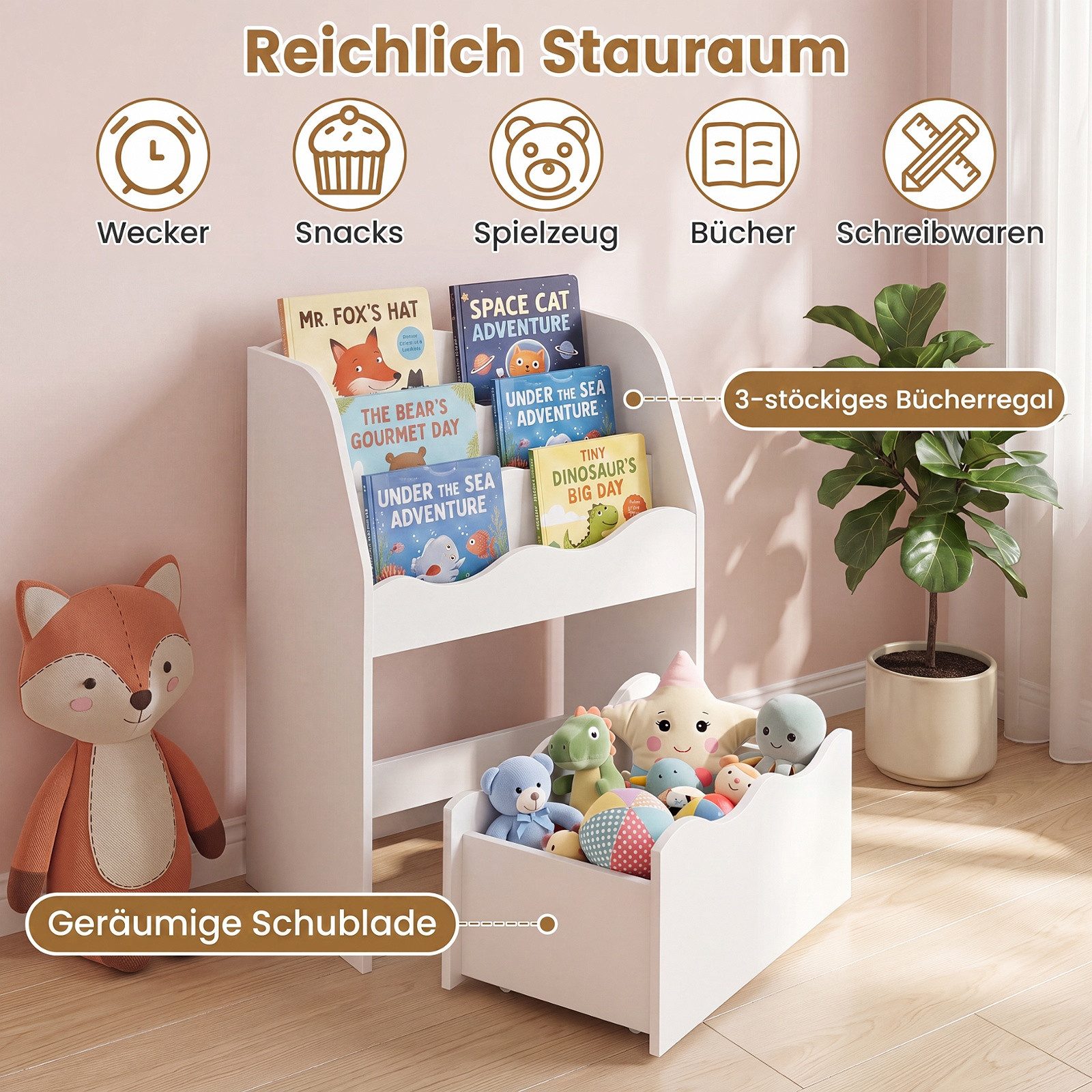 COSTWAY Kinderregal, 3-stufiges Bücherregal mit rollbarer Schublade, Holz