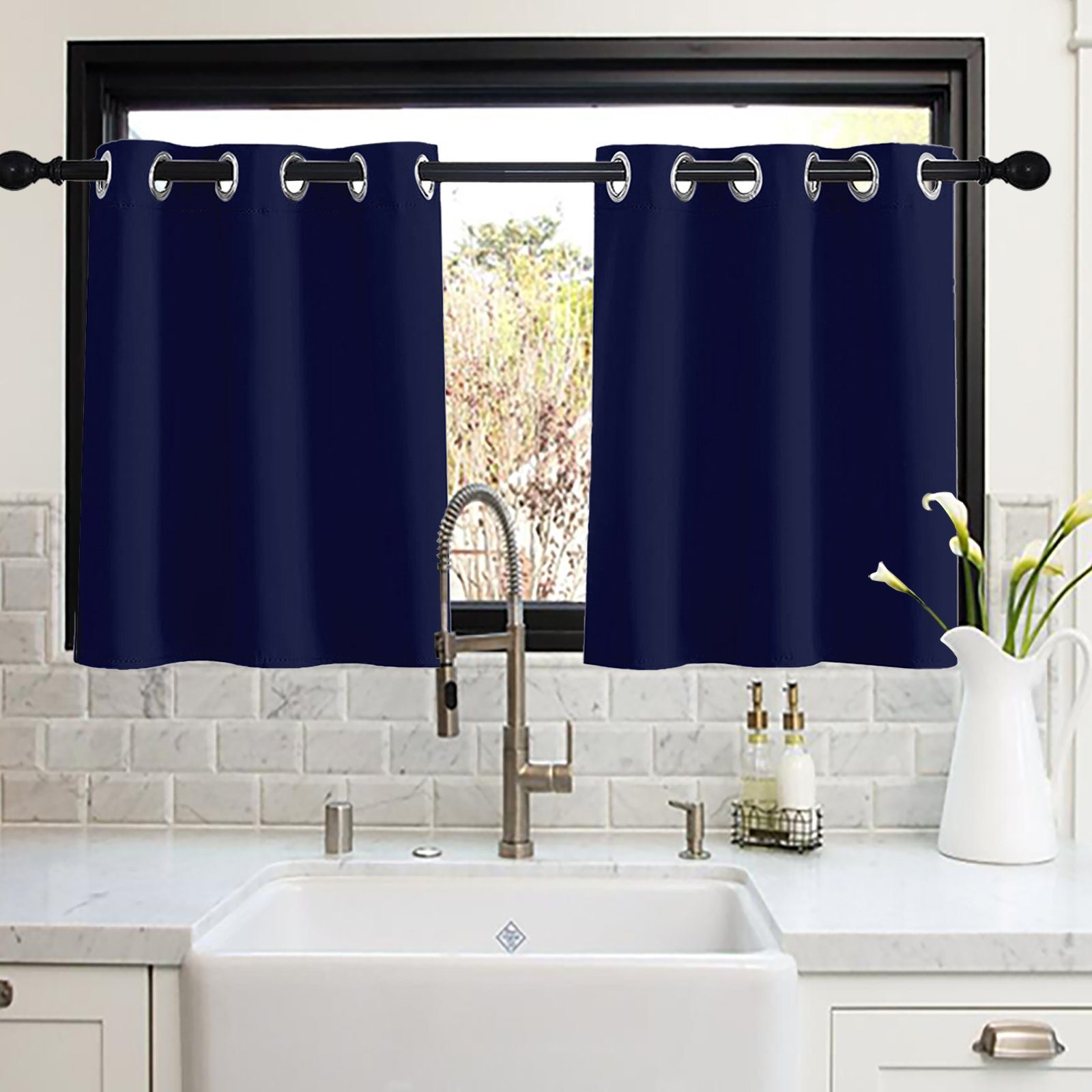 Vorhang Kurze Vorhänge, hochpräzise, Ösen, für Küchenfenster, Rosnek, (2 St), blickdicht, H×B: 61×85;76×85;91×85 Marineblau