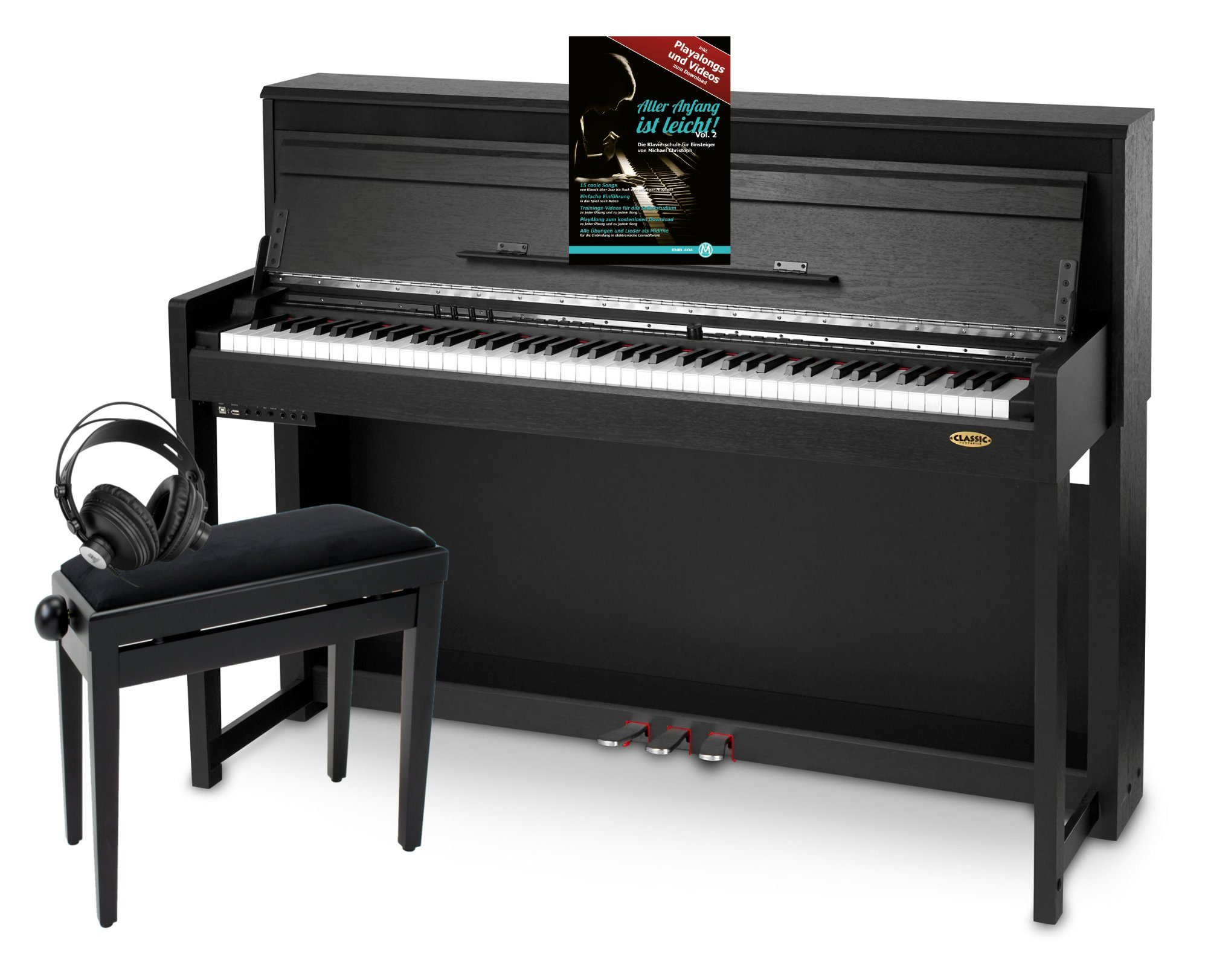 Classic Cantabile Digitalpiano UP-1 SM E-Piano Set - 88 gewichtete Tasten mit Graded Hammer-Tastatur (Spar-Set, inkl. Klavierbank, Kopfhörer & Schule), Klavier mit 40 Sounds und 256-fache Polyphonie