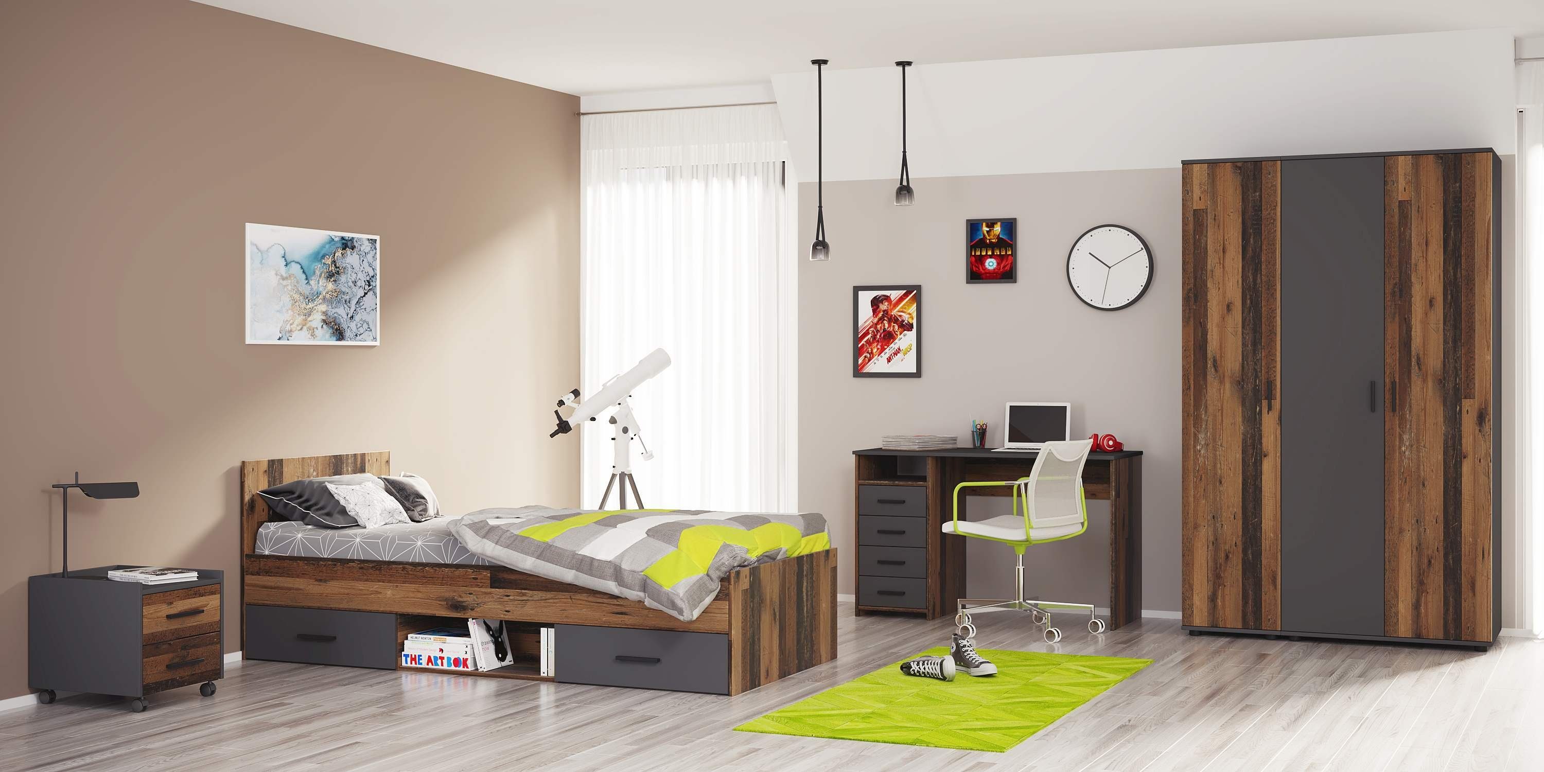 3er Bett Home (4-St), affaire + Jugendzimmer-Set Nonjoo-Teen, Kleiderschrank+ Schreibtisch Industrial Style, Nachttisch +