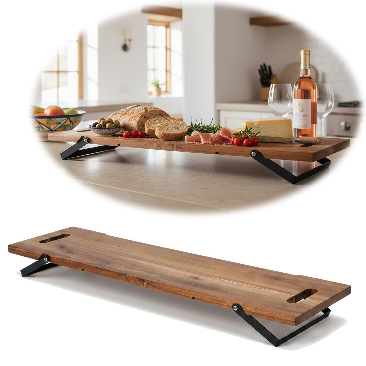 LS-LebenStil Tablett XXL Akazie Serviertablett 67cm klappbar Holz Tablett Tabletttisch, Holz, (Lebensmittelecht zum Hinstellen, 2 Füsse, 1-tlg., Vesperbrett Küchentablett Holztablett Vesper), Frühstückstablett Betttablett Servierbrett