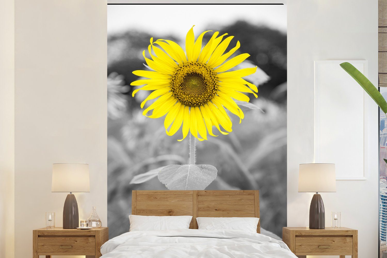 MuchoWow Fototapete Blumen - Sonnenblume - Gelb - Schwarz - Weiß, Matt, bedruckt, (3 St), Montagefertig Vinyl Tapete für Wohnzimmer, Wandtapete | Fototapeten