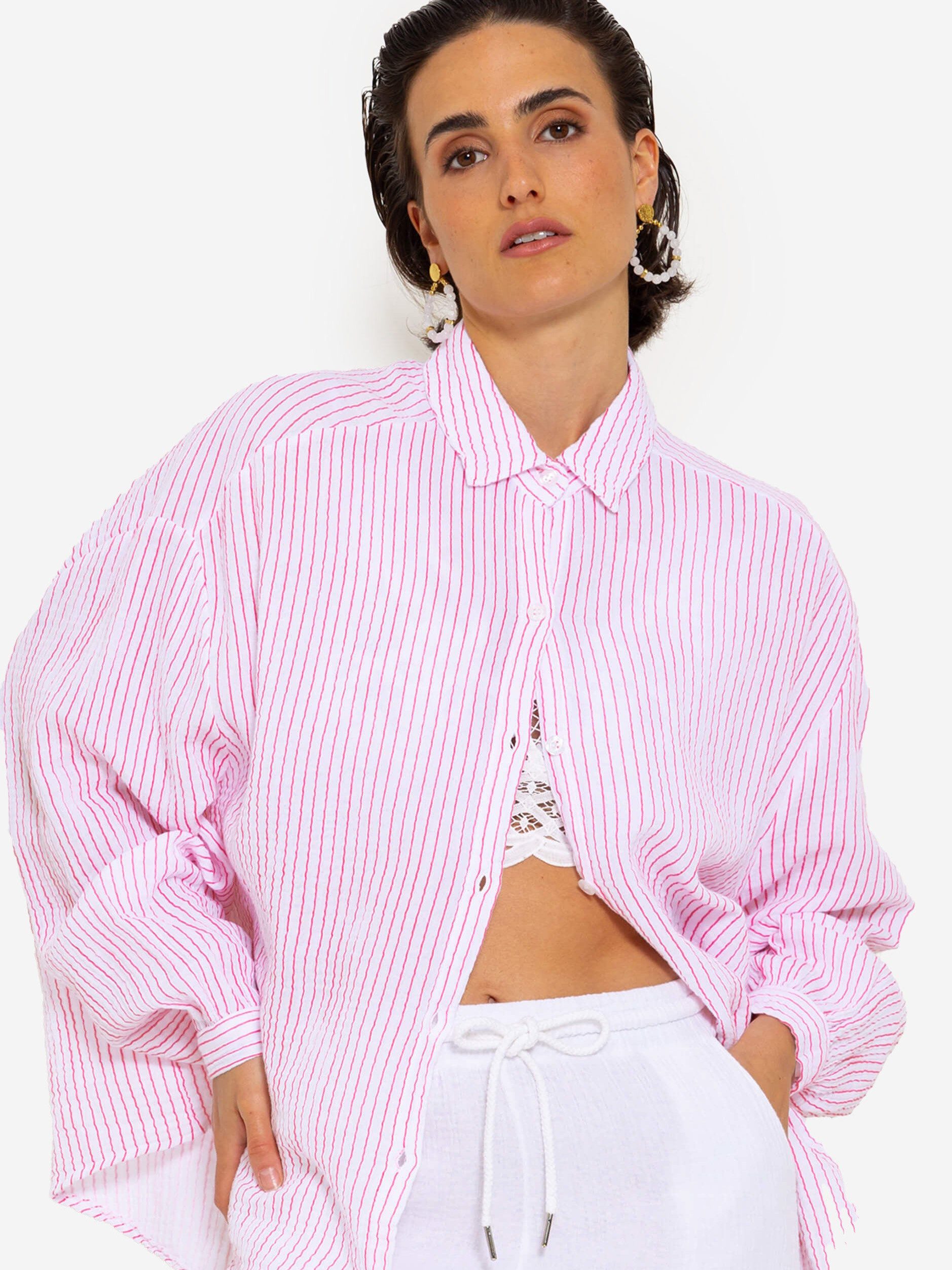 SASSYCLASSY Longbluse Oversize Musselin Bluse Damen Langarm gestreift Hemdbluse lang aus 100 % Baumwolle