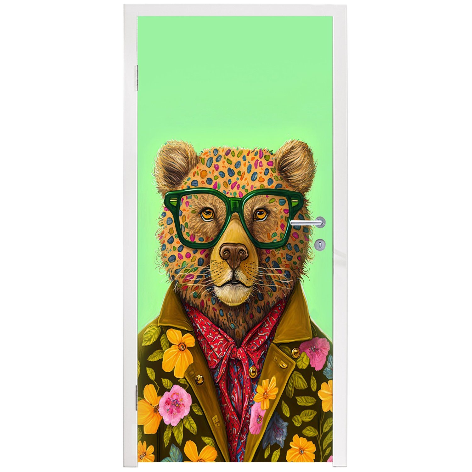 MuchoWow Türtapete Bär cm - (1 - Türaufkleber, Blumen, Brillen Fototapete Matt, 75x205 Tür, bedruckt, - - Farben Tier für St)