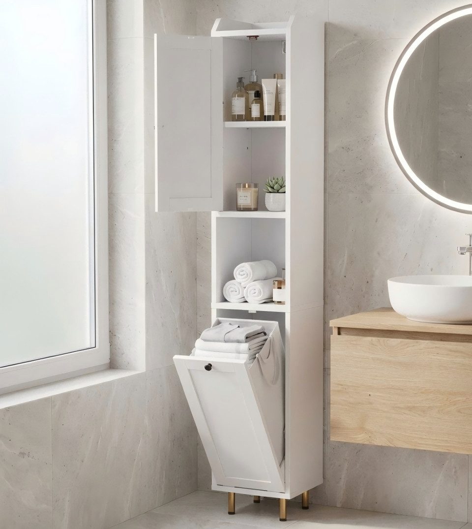 TLGREEN Badkommode Badezimmerschrank mit Wäschekorb, (37 L Wäschebeutel, Standschrank mit 4 Aufbewahrungszonen, 1 St), verstellbare Böden, 25 kg Tragkraft, Kippschutz