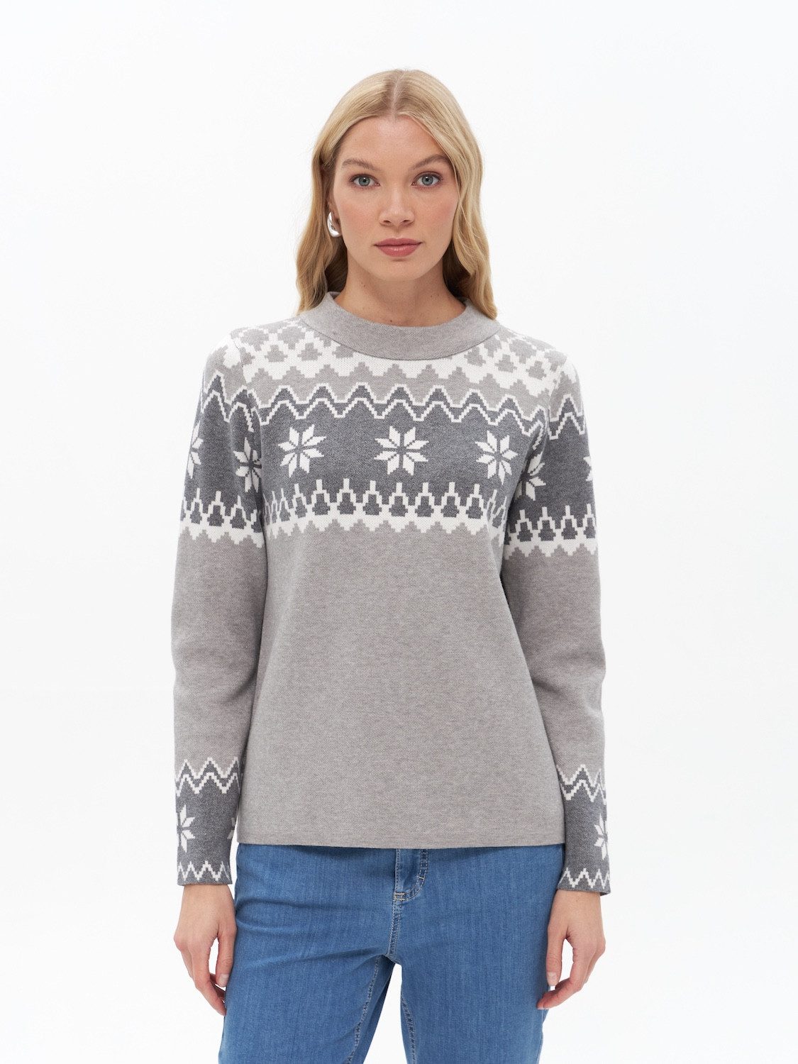 Passioni Rundhalspullover Pullover mit Norwegermuster Schneeflockenmotive, Zickzackmuster