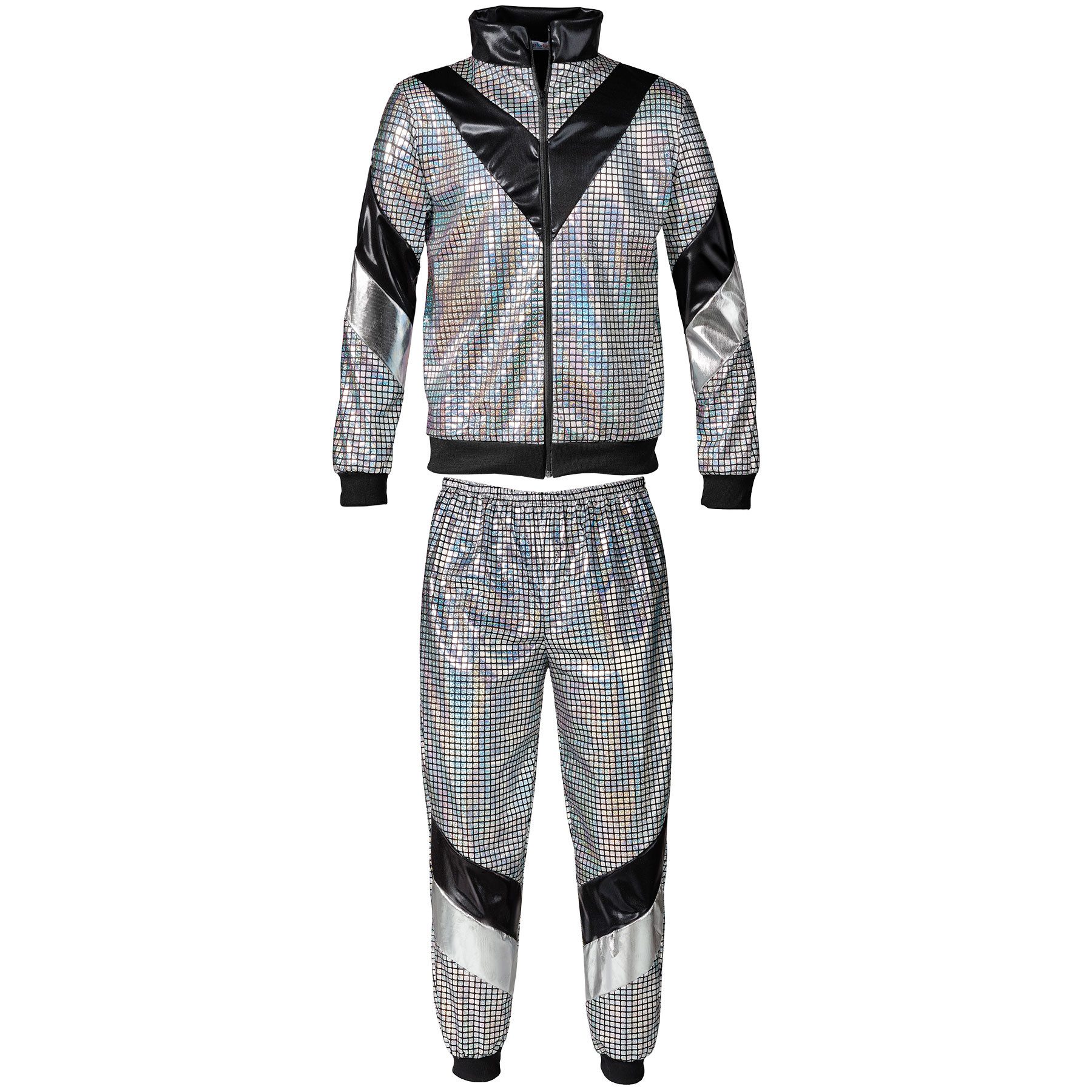 dressforfun Kostüm Retro-Trainingsanzug, Gr. S, Jacke und Hose im glänzenden Retro-Look, 80er-Jahre-Jogginganzug 80er 90er Jahre Disco Jogginganzug, in silber
