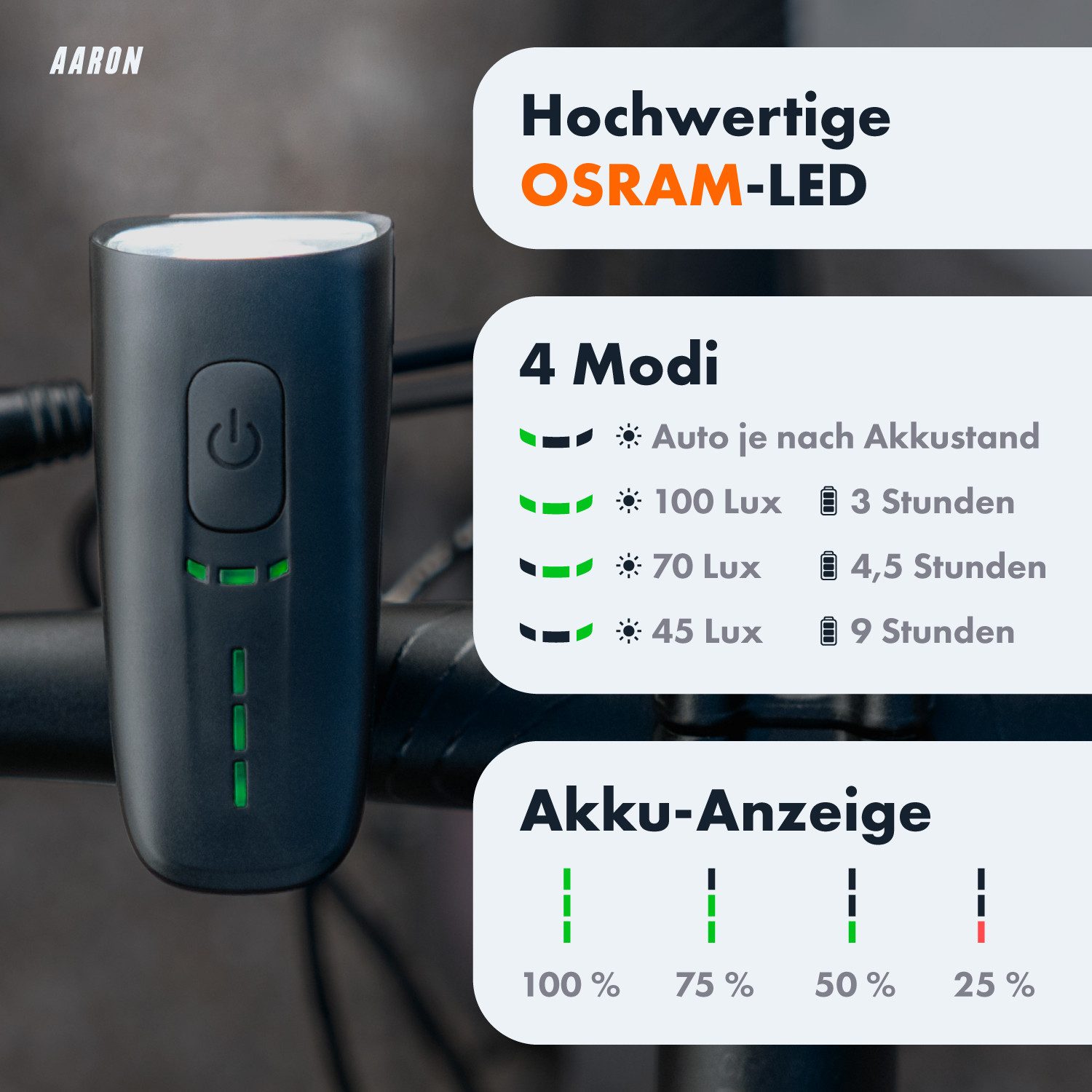 AARON Fahrradbeleuchtung LUX Pro Fahrradlicht Set StVZO Front- und Rücklicht LED Akku