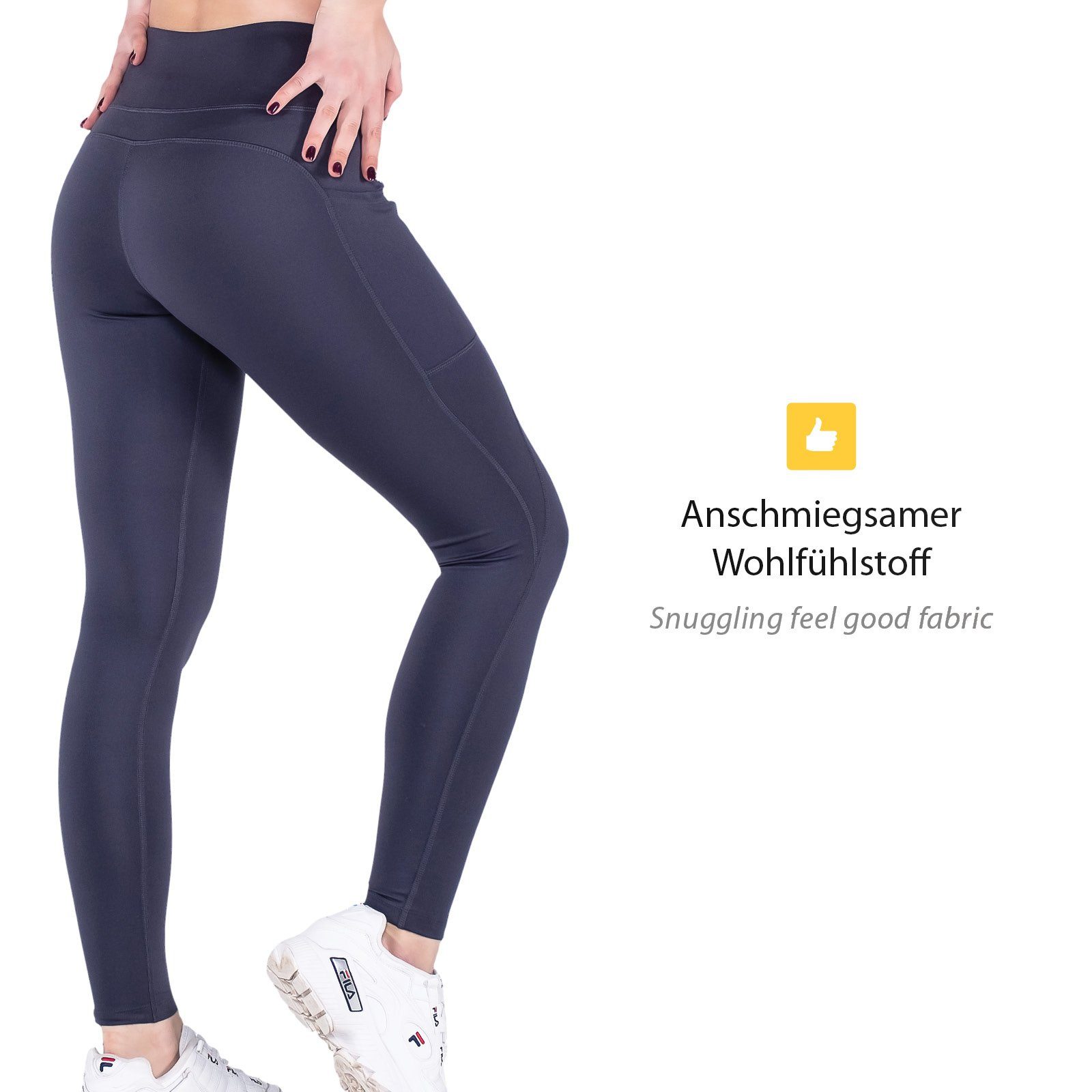 leggings Blickdicht, Stoff, weichem quick Bund, tight Thermo leichter Blickdichte Funktion, Hoher lang dry Damen leggings und VS sport leggings Recycling mit Highwaist Yoga Variosports mit Yogaleggings hohem und Stoff Handytasche 100%