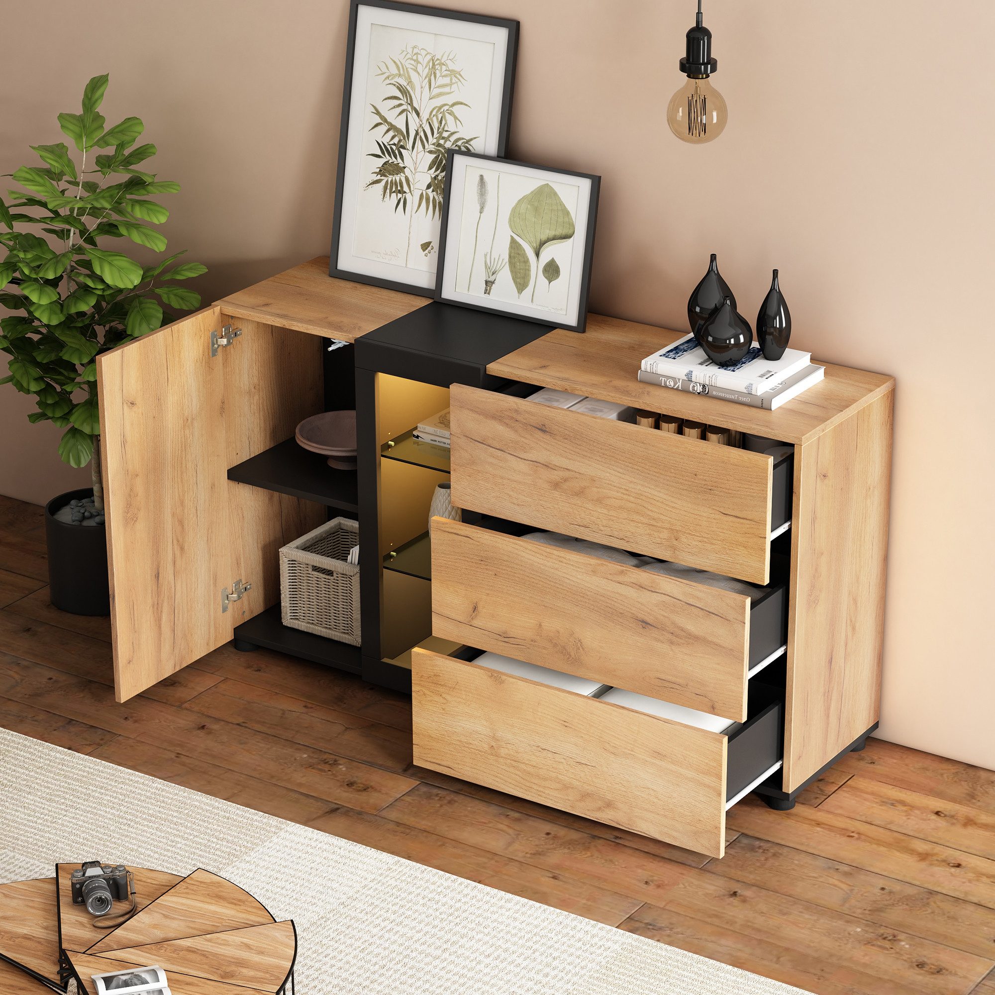 STILVORA Sideboard mit Glas,Beistellschrank Holz mit 3 Schubladen,Anrichte günstig online kaufen