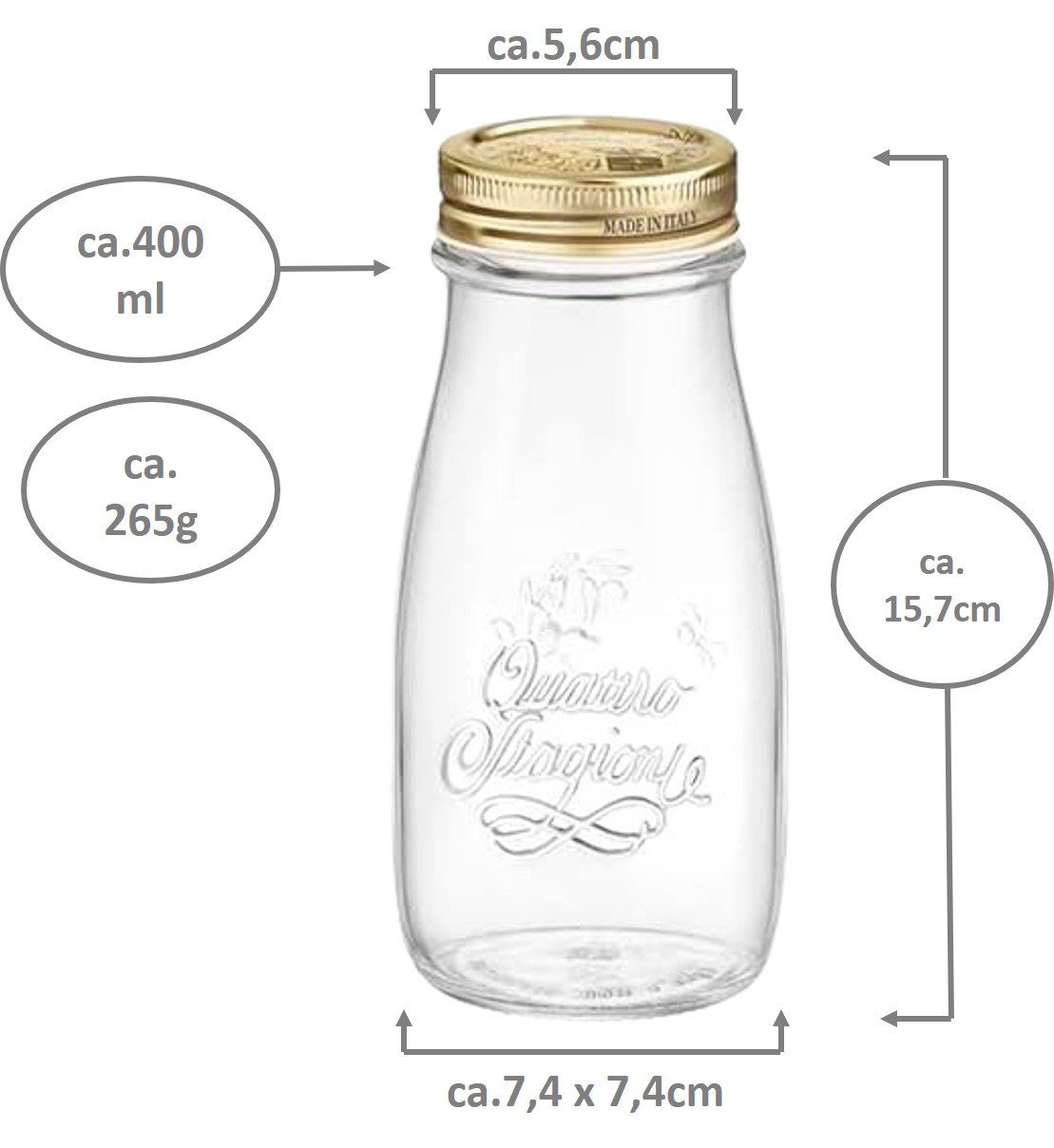 Emilja Einmachglas Smoothieglas - Glas Flaschen 6 400ml - Quattro Stagioni Stück