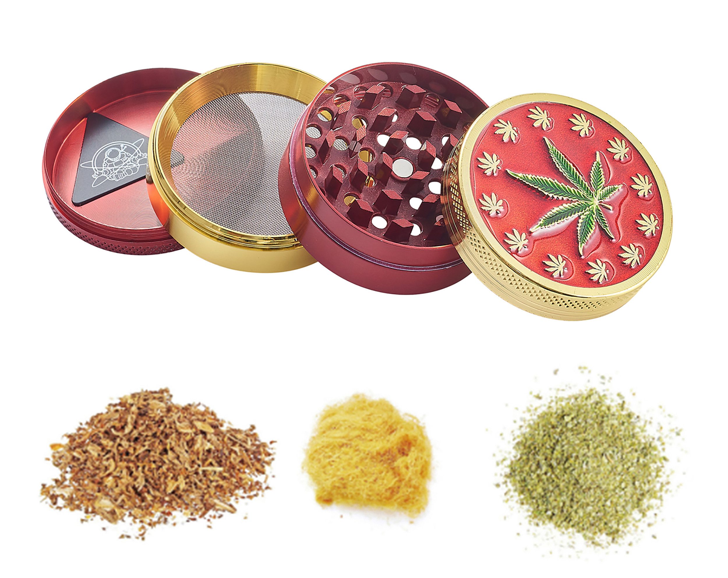 CHAMP HIGH Kräutermühle GRINDER "Hanfblatt" 52mm 4-teilig aus Metall Crusher Sieb 27 (Rot) manuell, Gewürz Tabak Kräuter Mühle