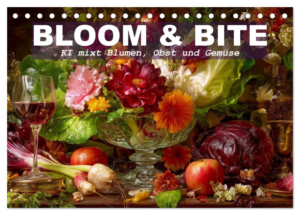 CALVENDO Wandkalender Bloom und Bite. KI mixt Blumen, Obst und Gemüse (Tischkalender 2026 DI