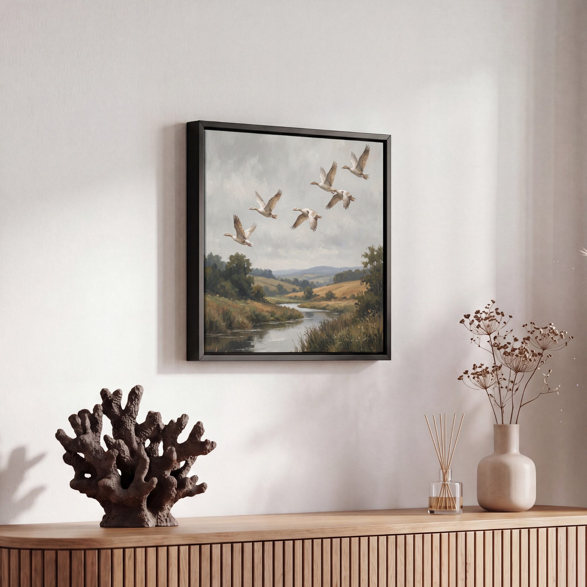 OneMillionCanvasses® Leinwandbild mit Rahmen - Enten - Fluss - Landschaft - Flug - Nostalgisch, Fotodruck (1 St), Leinwand Bilder Klein, Wand Dekoration Aesthet – Bild 5 von 5