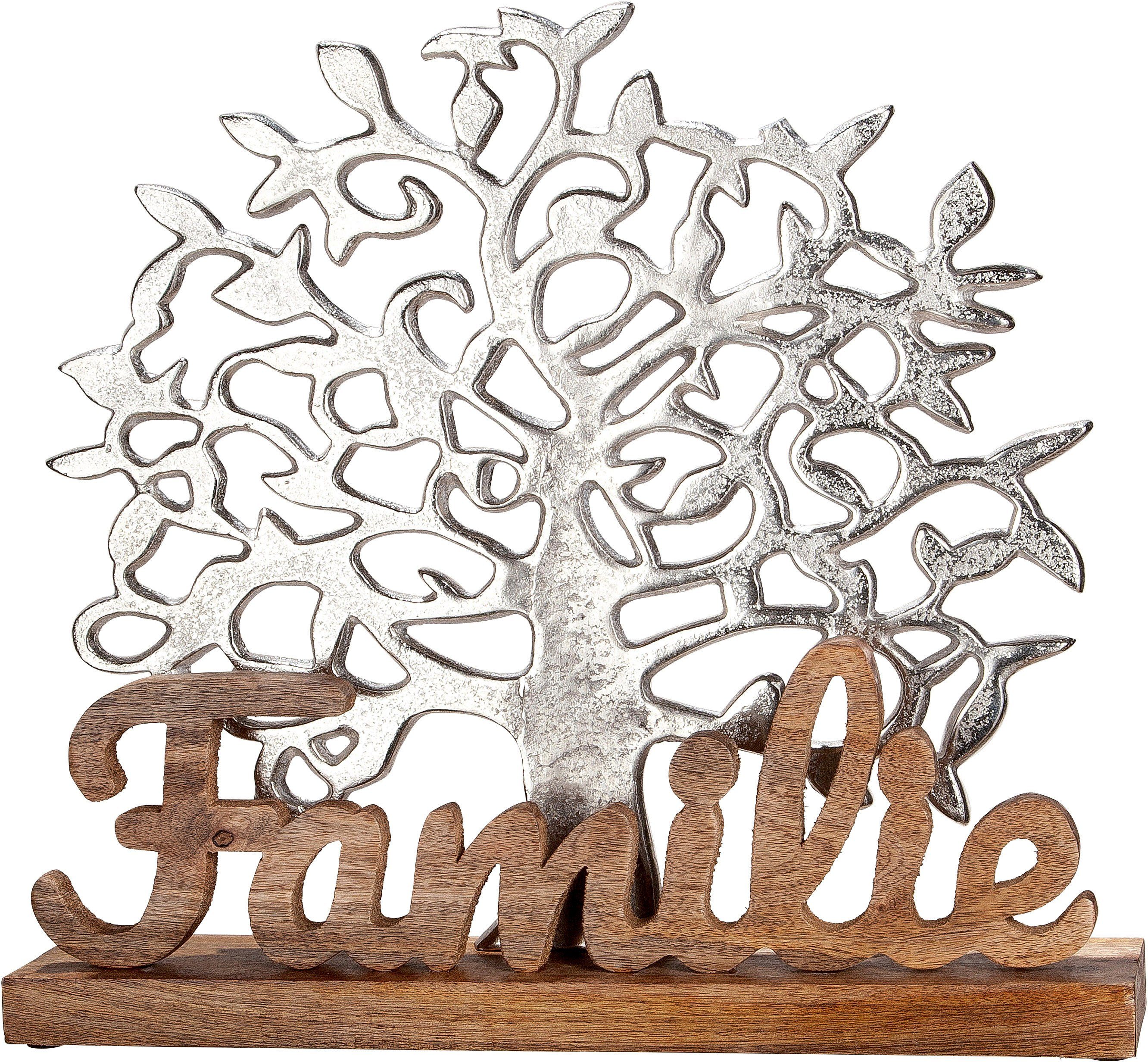 GILDE Dekofigur Lebensbaum Familie, silber (1 St), Dekoobjekt, Höhe 41 cm, mit Schriftzug, aus Metall & Holz, Wohnzimmer | Dekofiguren