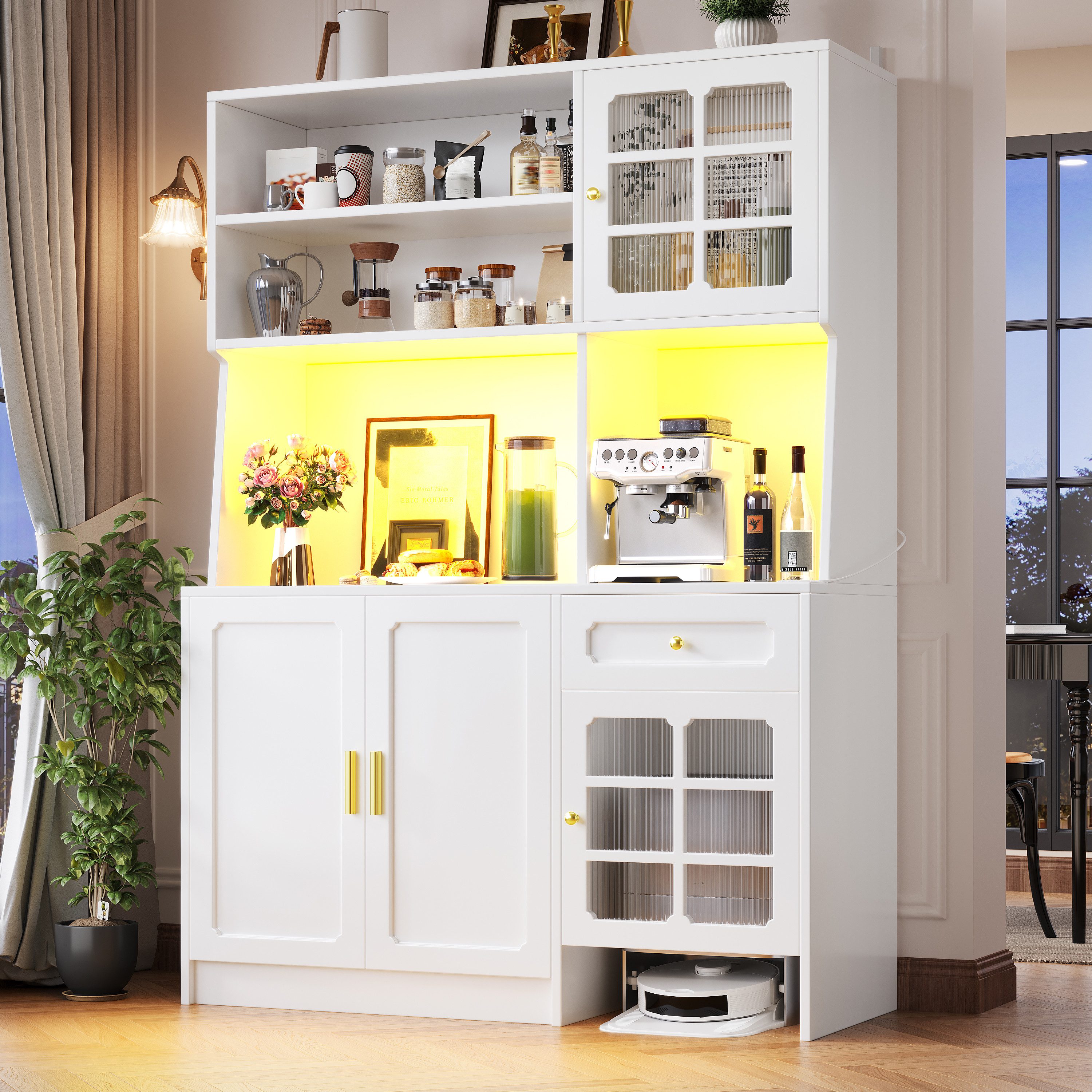 OKWISH Hochschrank Küchenbuffet,Kommode,Sideboard (mit Glastüren und LED-Beleuchtung, 1-St., 130*45*180cm(L x B x H)