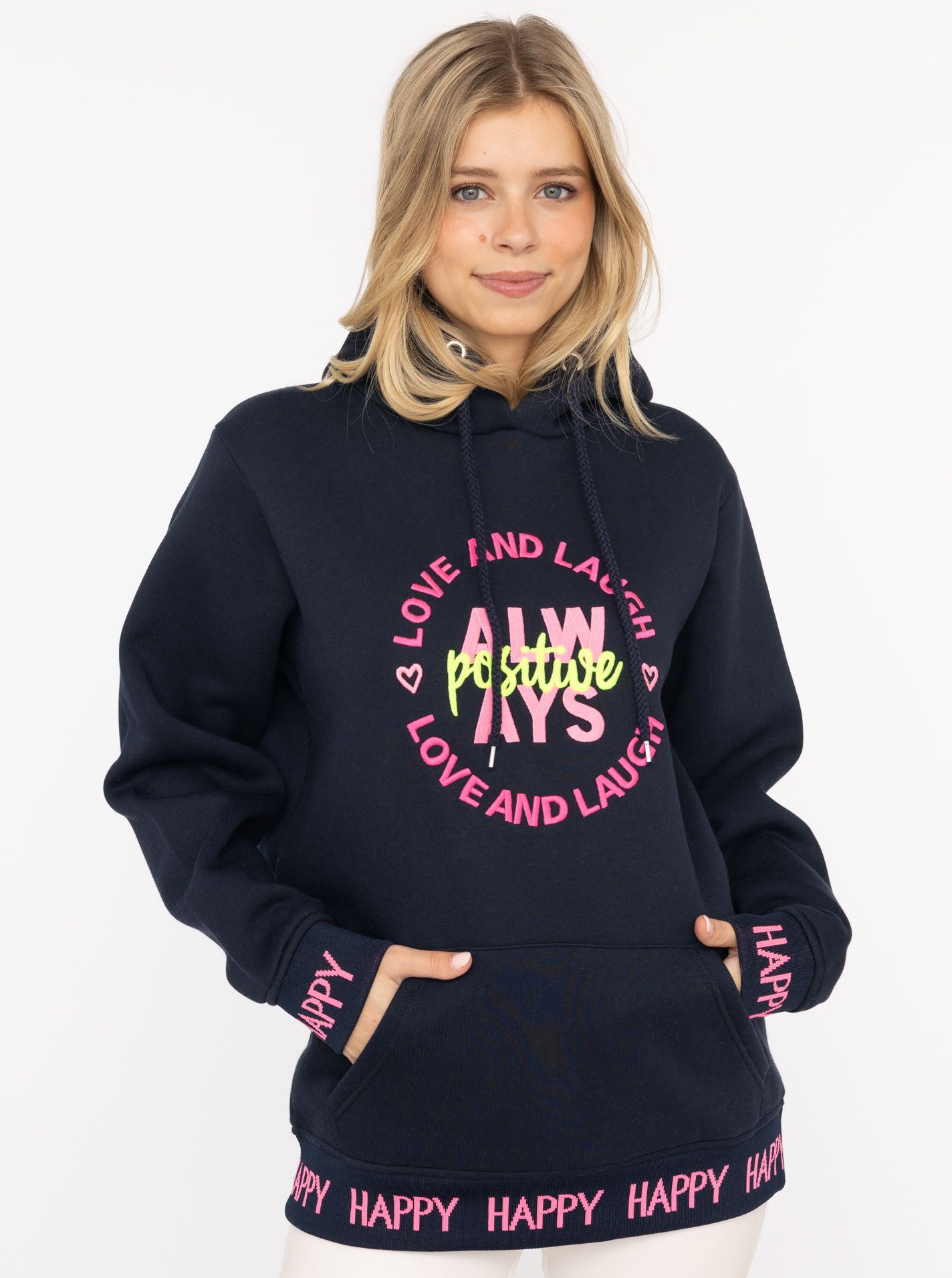 Zwillingsherz Hoodie "Always Positive" Kapuze, Stickerei, Fronttasche, Bünd günstig online kaufen