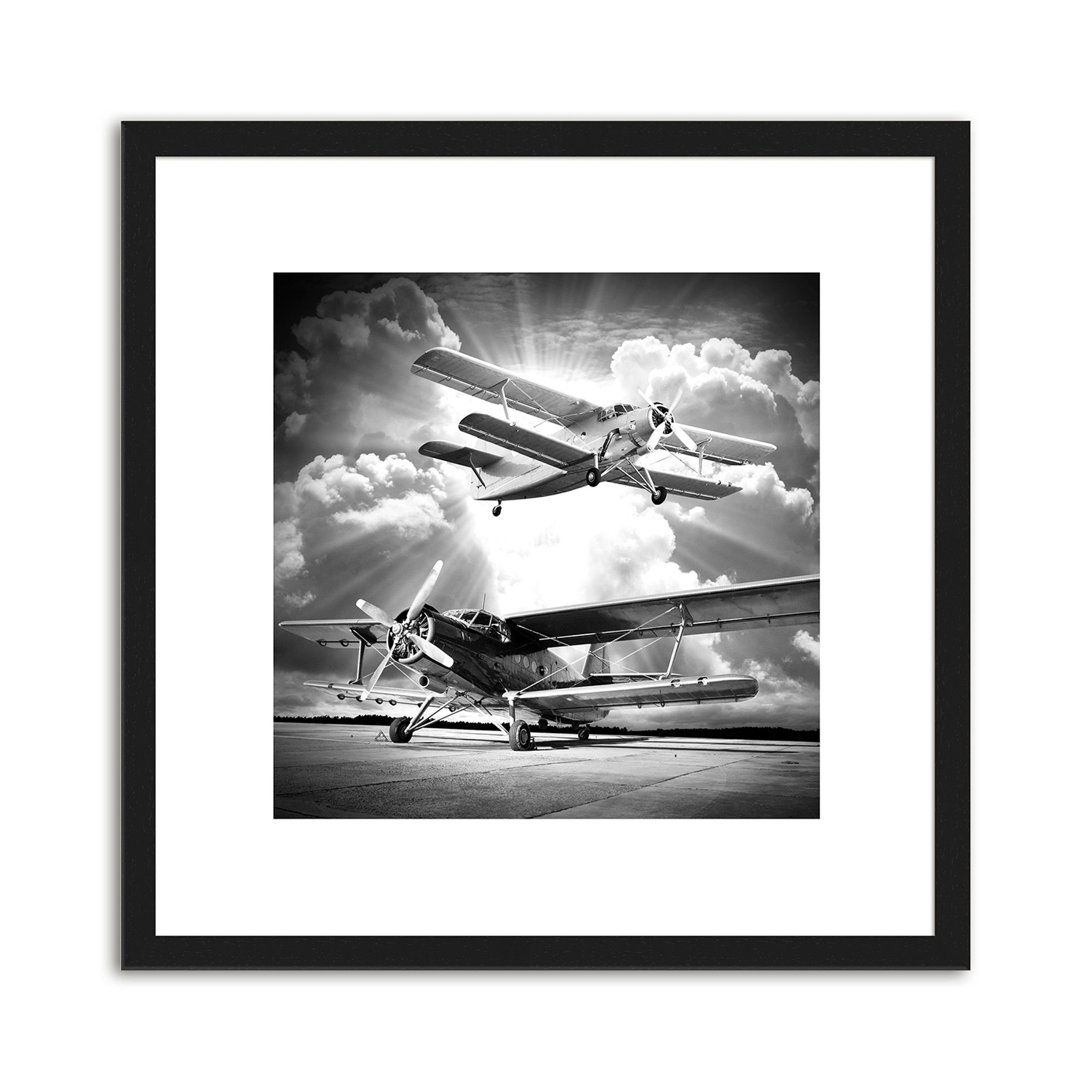 artissimo Bild mit Rahmen Bild gerahmt 30x30cm / Design-Poster inkl. Holz-Rahmen / Wandbild, Schwarz-Weiß Zeichnung: Flugzeuge III | Bilder