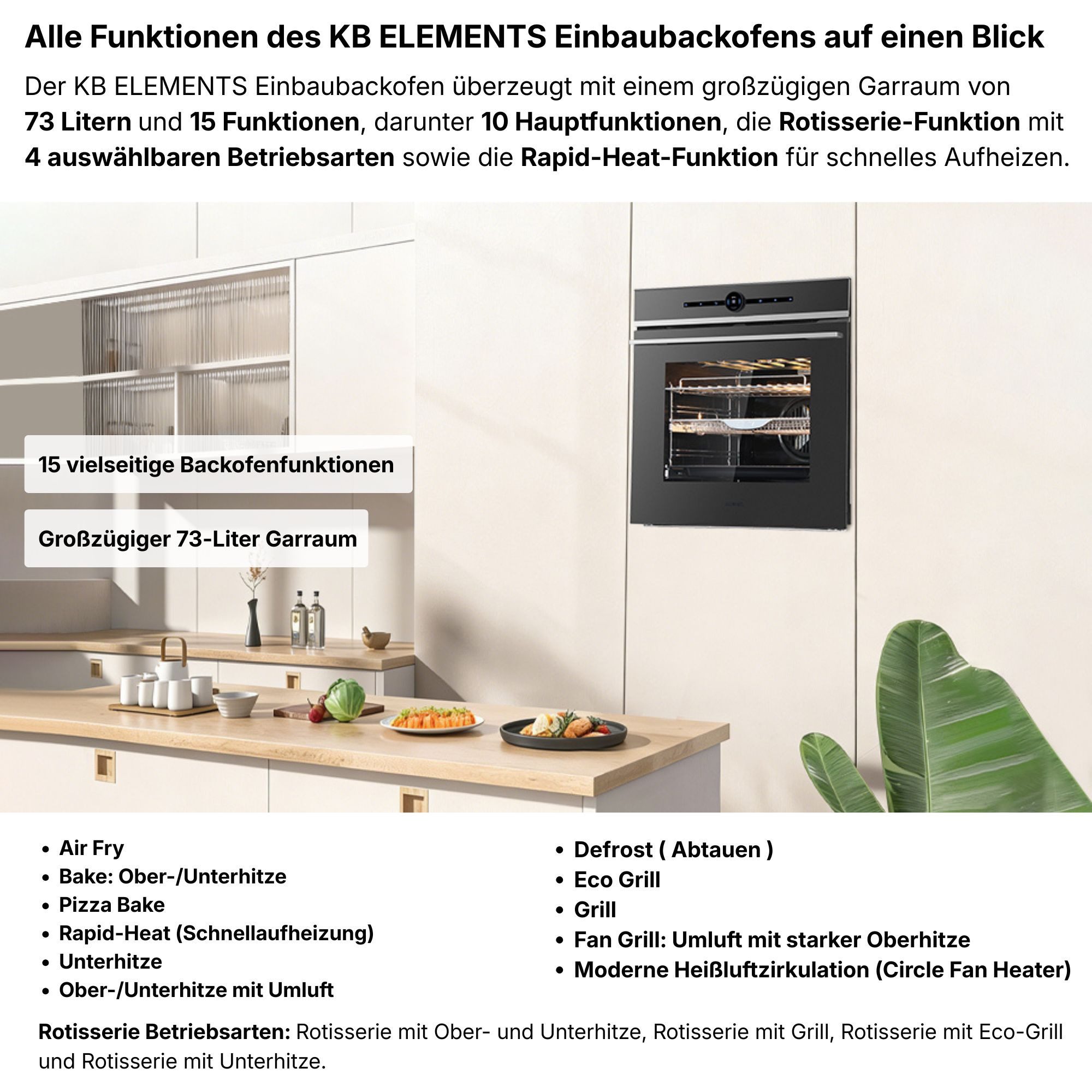 KB Elements Einbaubackofen 15 x Funktionen, Airfryer Funktion, TFT Display, AQUA CLEAN, mit 2-fach-Teleskopauszug, AQUA CLEAN, Air Fry Funktion, Rotisserie Funktion, Multifunktionales TFT-Display