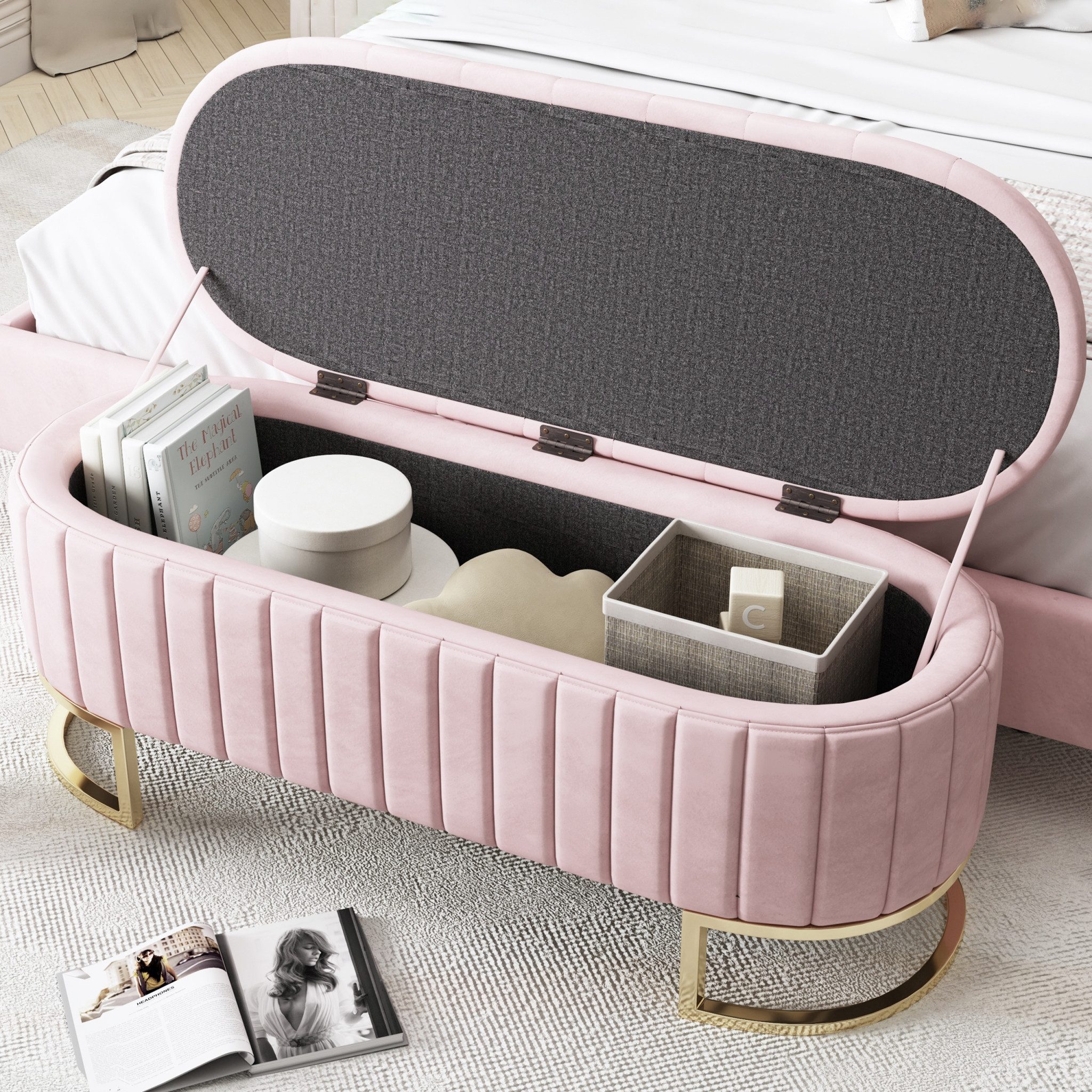 MC Star Stauraum-Schlafkoffer und Fußbank 120 x 40 cm, gepolsterte Fußbank (mit Stauraum, Sofabank Bank, Samtstoff rosa)