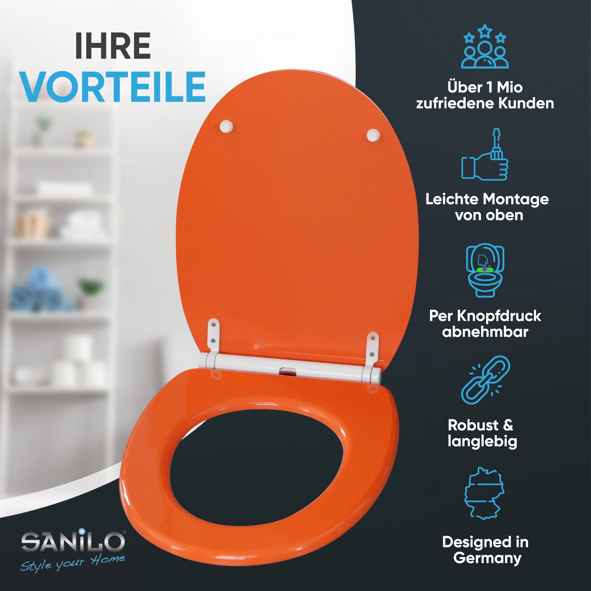 Sanilo WC-Sitz Orange mit Absenkautomatik & Quick Release, Premium Toilettendeckel, abnehmbar, leichte Montage von oben
