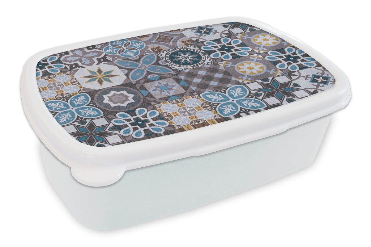MuchoWow Lunchbox Blumen - Muster - Blau - Braun, Kunststoff, (2-tlg), Brotbox für Kinder und Erwachsene, Brotdose, für Jungs und Mädchen weiß