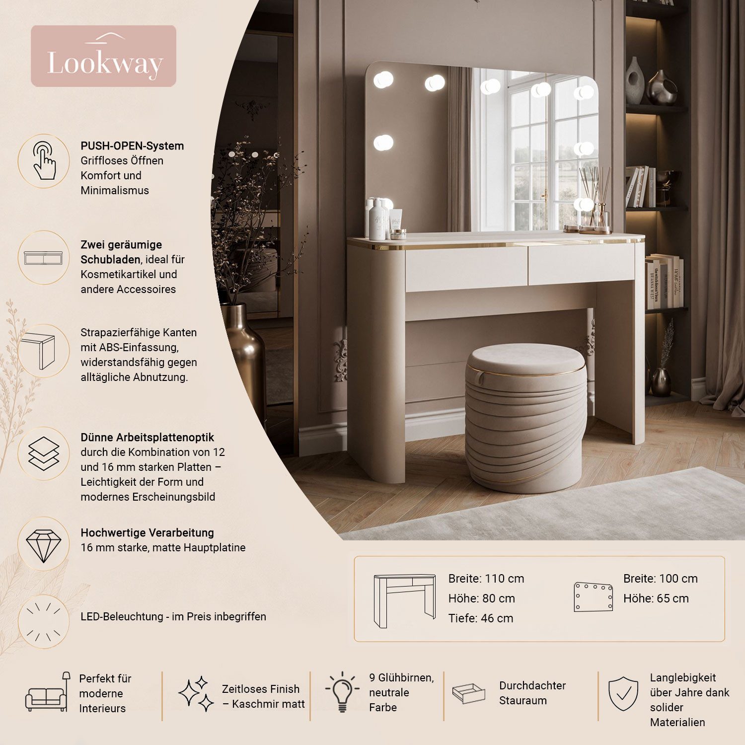 Lookway Schminktisch AVELINE mit Spiegel und LED-Beleuchtung, 110x46x145 cm – Bild 3 von 5