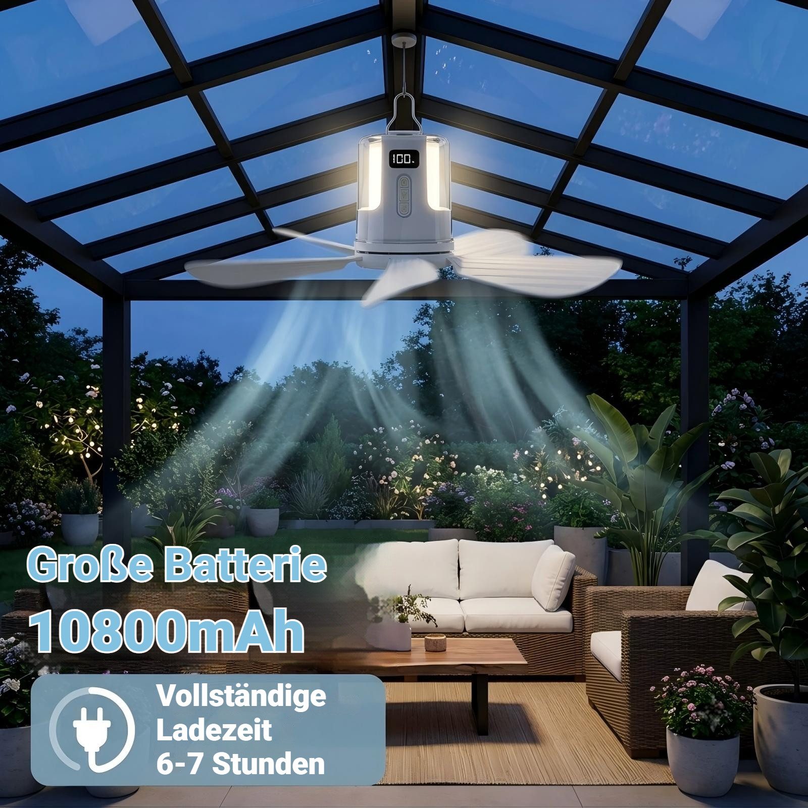 QUBEBU Deckenventilator 10800 mAh Akku Deckenventilator mit Beleuchtung Camping Zelt Terrasse, Ventilator mit Licht, Fernbedienung, Haken, 4 Geschwindigkeitsstufen