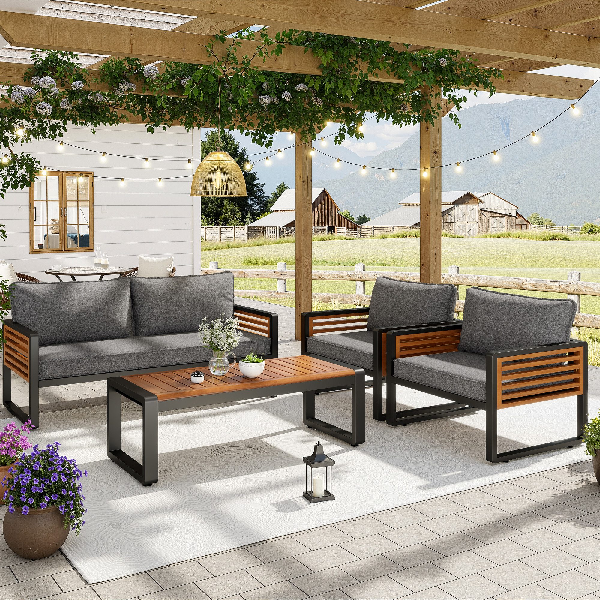 Flieks Gartenlounge-Set, Balkonset Gartenmöbel Set Bank & 2 Sessel & Tisch