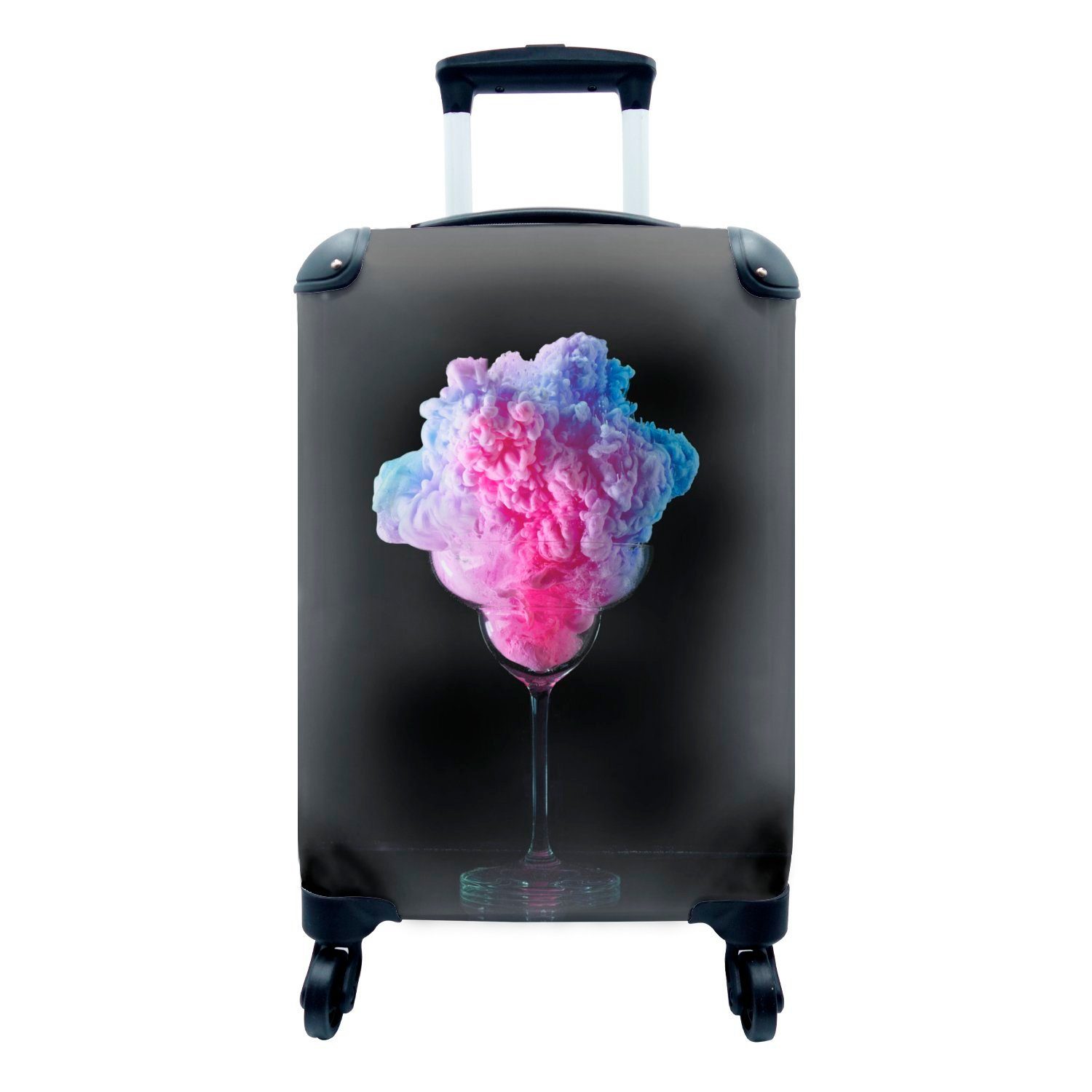 Glas MuchoWow Trolley, Hintergrund, 4 Rollen, Handgepäck einem aus Ferien, Reisekoffer für rollen, Reisetasche auf mit Farben schwarzem Handgepäckkoffer Leuchtende