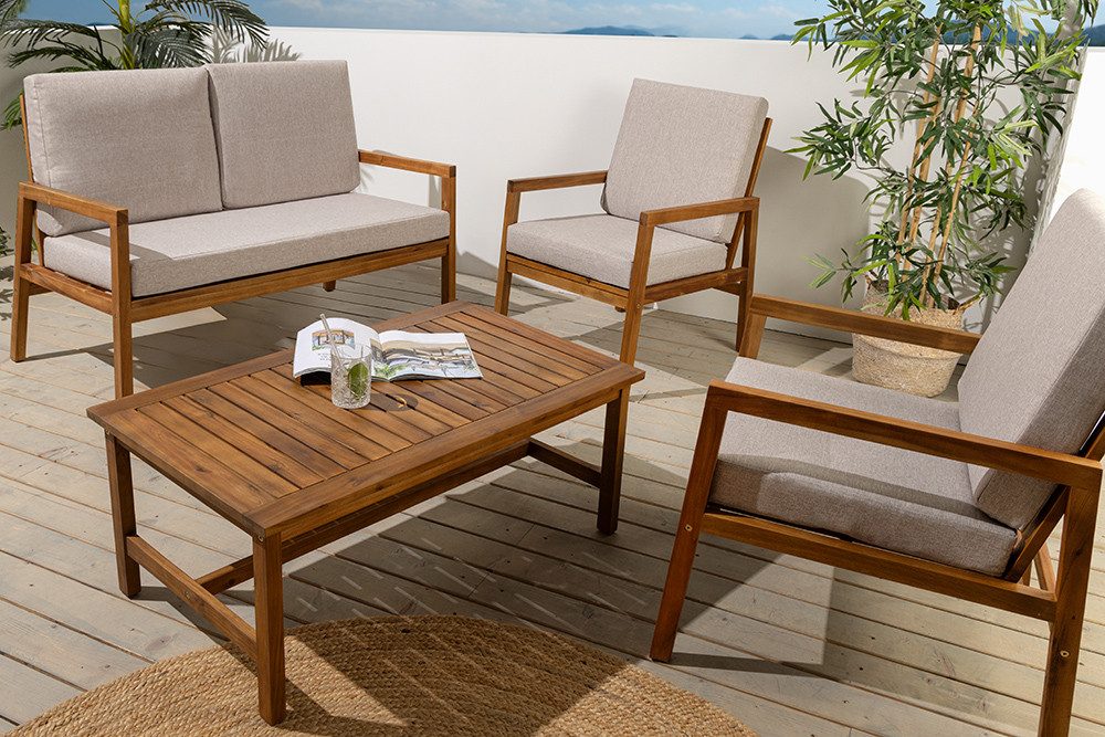 riess-ambiente Sitzgruppe BALI 110cm braun – Garten, wetterfest, 2x Sessel, 1x Sofa, 1x Tisch, (Set, 4-tlg), kompaktes Balkonset aus Massivholz – ideal für kleine Außenbereiche
