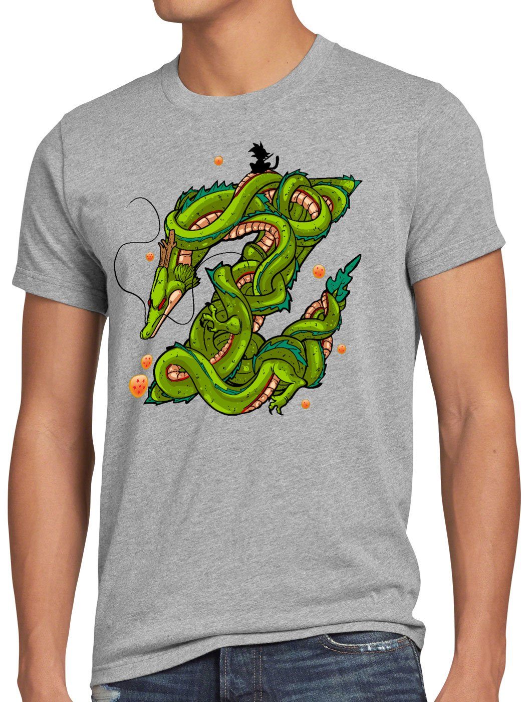 grau T-Shirt Print-Shirt meliert Herren dragon ball shenron style3 Z shenlong Drache gokui