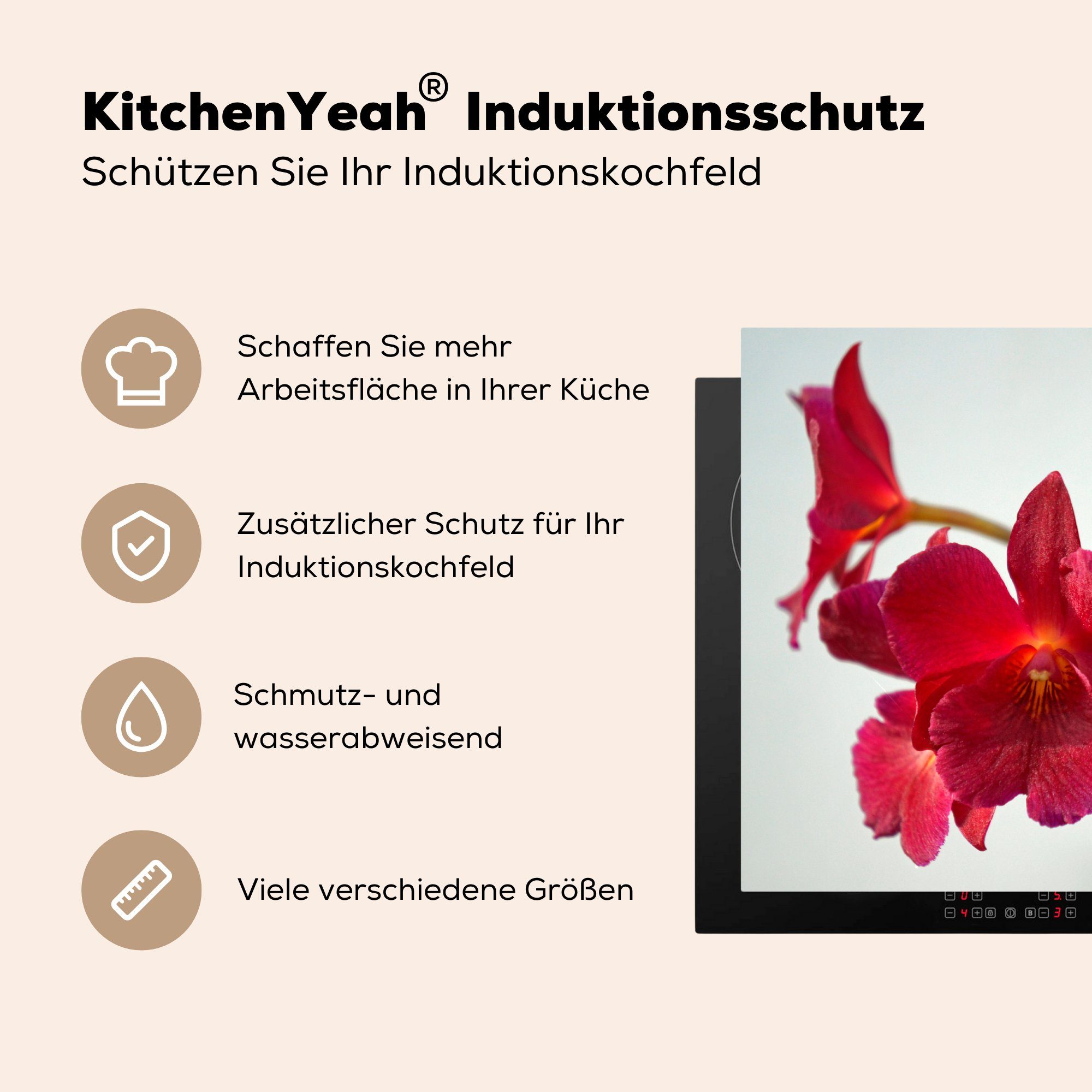 MuchoWow Herdblende-/Abdeckplatte Rote für cm, küche, Schutz tlg), die 81x52 Orchideen (1 weißem Ceranfeldabdeckung vor Hintergrund, Vinyl, Induktionskochfeld