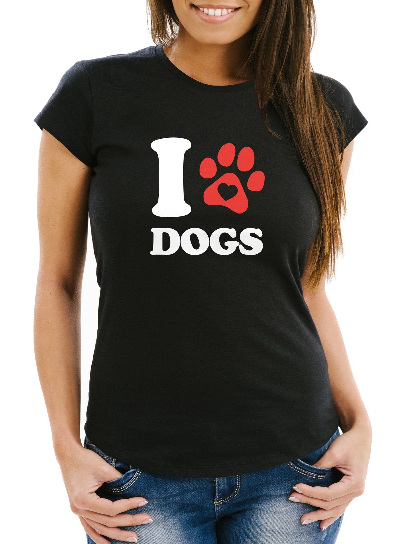 MoonWorks Print-Shirt Damen T-Shirt I love Dogs Hundespruch Motiv  Hundepfote Abdruck Gassi Shirt Frauen Fun-Shirt lustig Moonworks® mit Print | Sport-T-Shirts