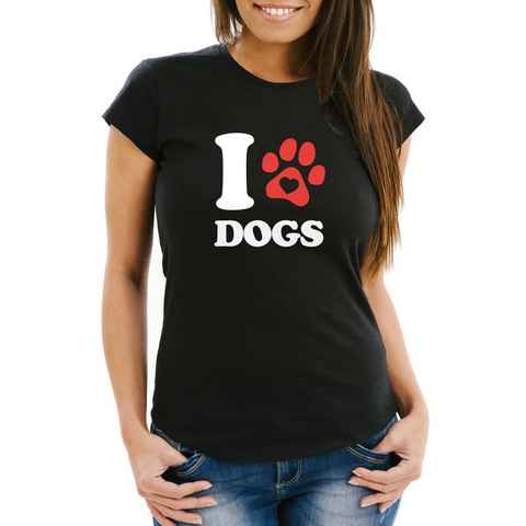 MoonWorks Print-Shirt Damen T-Shirt I love Dogs Hundespruch Motiv Hundepfote Abdruck Gassi Shirt Frauen Fun-Shirt lustig Moonworks® mit Print
