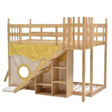 HAUSS SPLOE Kinderbett Etagenbett Hochbett Kinderbett Stockbett mit Lattenrost Bettrahmen (mit Treppe und Zäune, mit Bettvorhang, Rutsche und Regal, mit Fallschutz und Gitter, Rahmen aus Kiefer), 90x200cm, Ohne Matratze