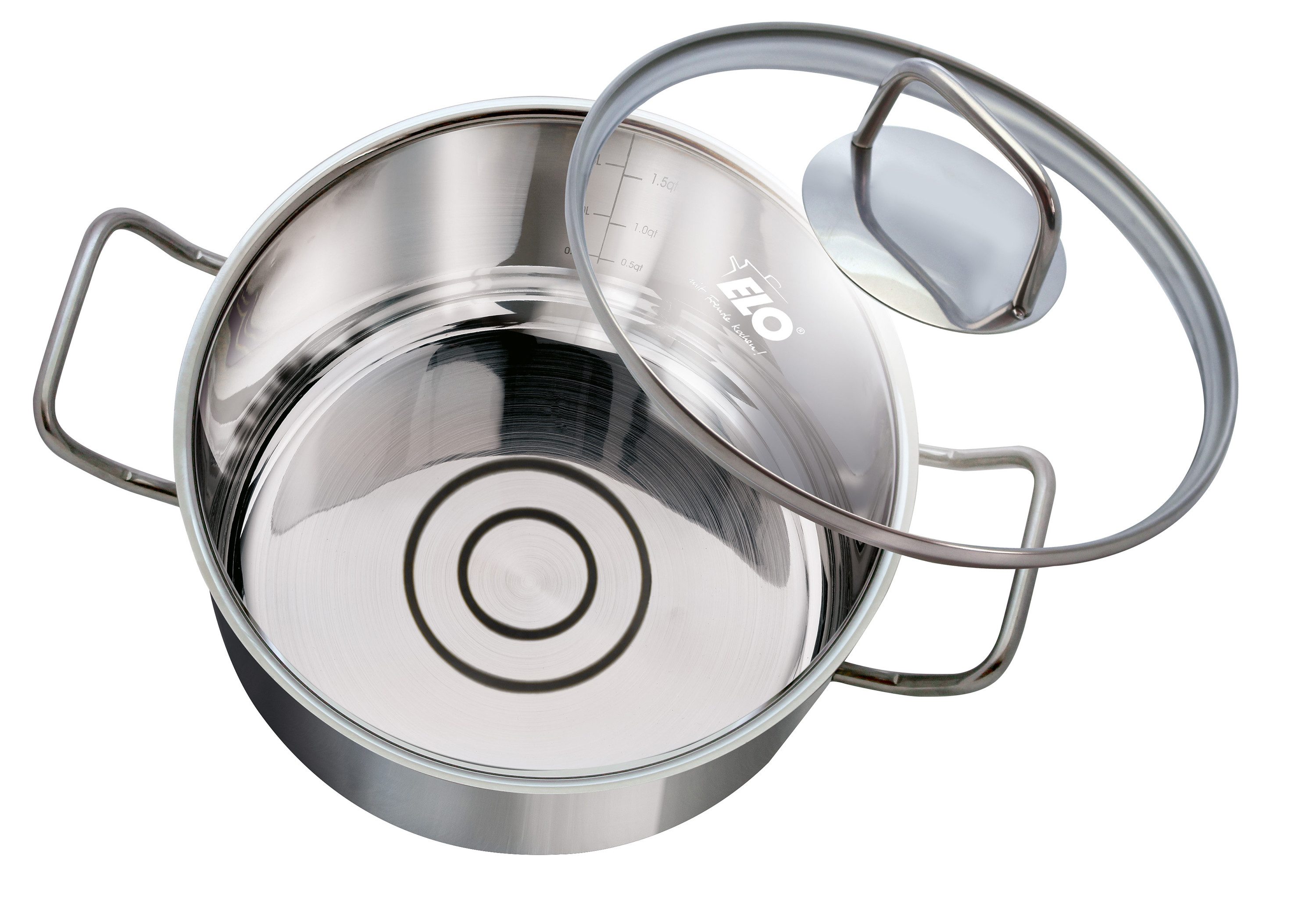 Elo Basic Topf-Set Basic Profi Duo Therm Topfset 6-teilig, Edelstahl (Set, 10-tlg), Volumenskala, integriertes Öl-Dosiersystem