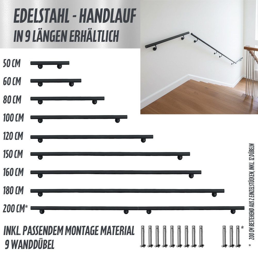 V2Aox Handlauf Edelstahl Handlauf Treppengeländer Wandhandlauf 3 Farben 50 - 200 cm, 50 cm Gesamtlänge