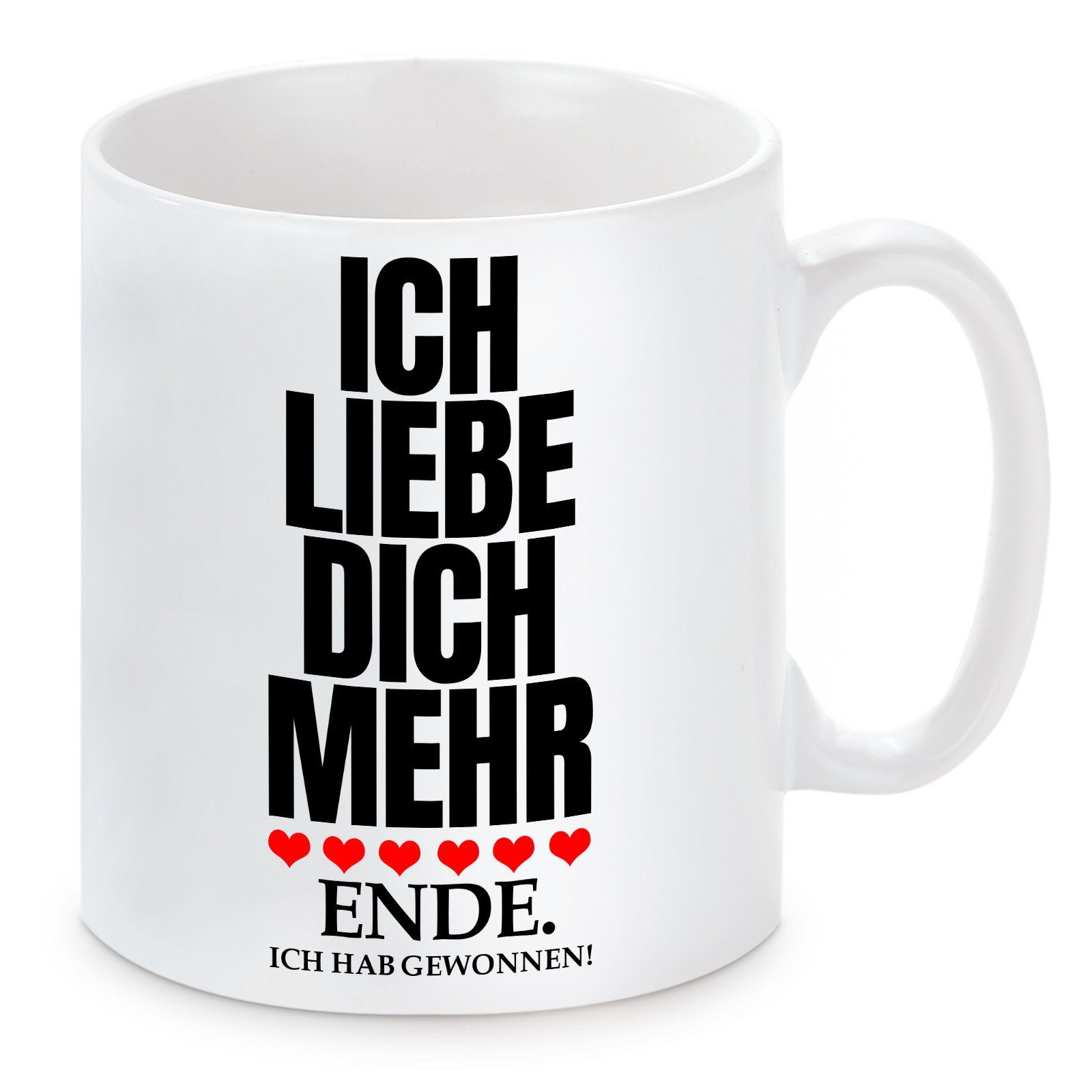 Herzbotschaft Tasse Kaffeebecher mit Motiv Ich liebe dich mehr. Ende. Ich hab gewonnen!, Keramik, Kaffeetasse spülmaschinenfest und mikrowellengeeignet