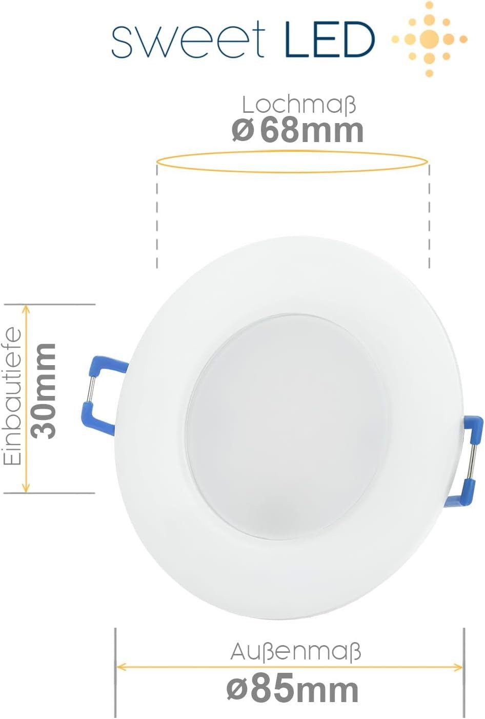 Sweet LED LED Einbaustrahler 10er SET IP44 CCT 230V LED Einbauspot flach 3000K 4000K 6500K Weiß, 3000K - 4000K - 6500K, Warmweiß - Neutralweiß - Kaltweiß, Deckenspots, Ø 85 mm, Einbauleuchten